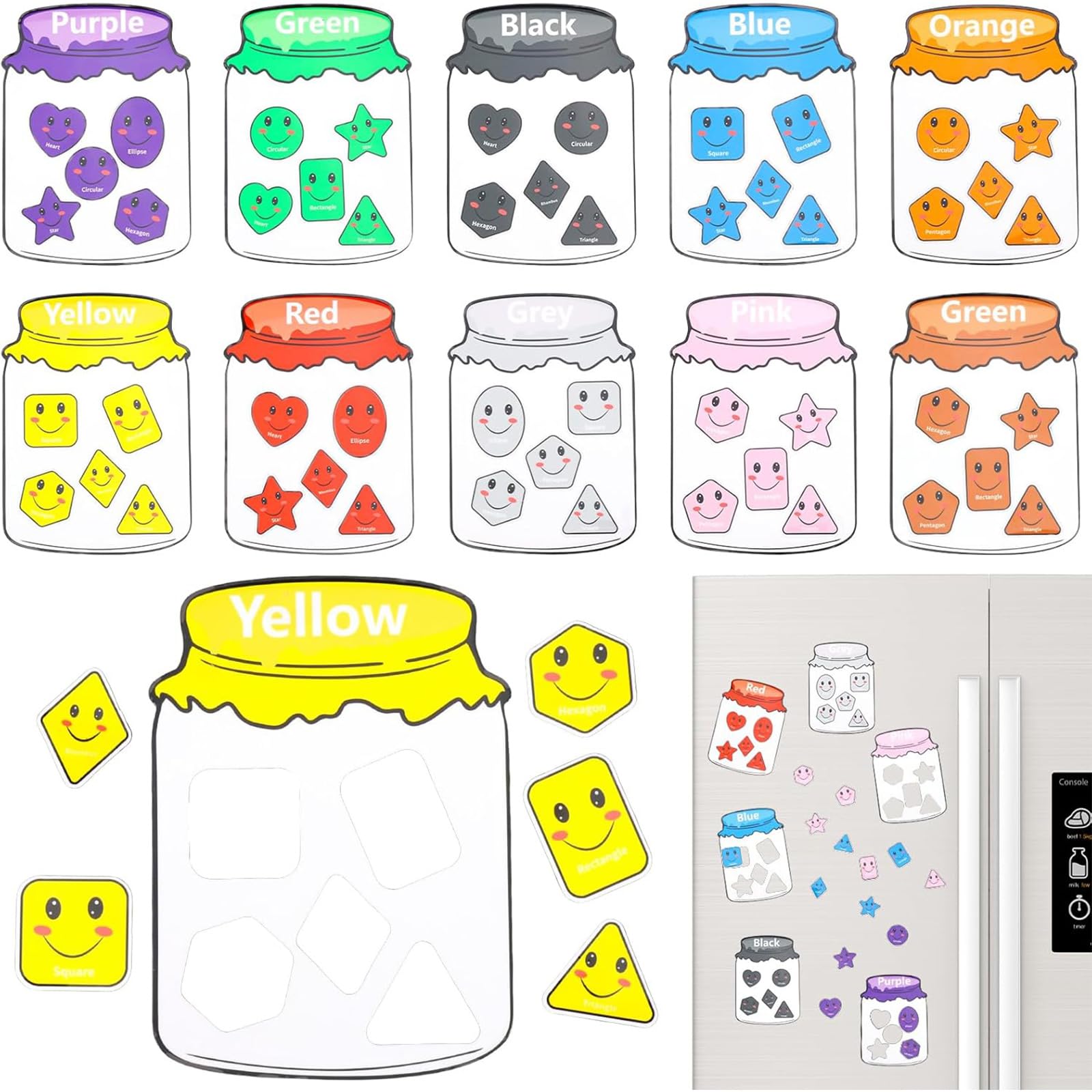 12Pcs Magnetic Colour Sorting Toys for Kids, Cute Fridge Magnets Fridge Magnets Learning Set with Jars & Shape Magnets, Educational Sorting Game for Toddlers 2–6 Years (B)