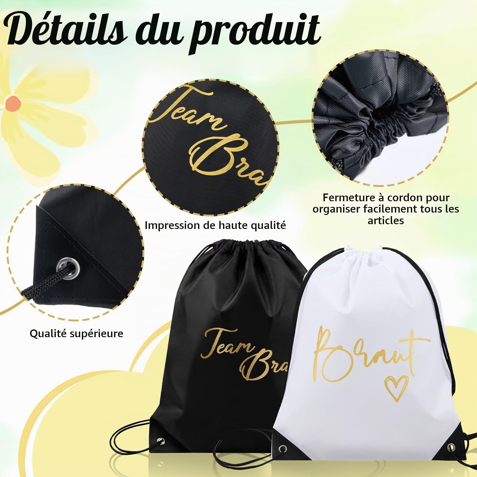BBTO Lot de 33 Accessoires EVJF Femme Bride to Be & Team Bride Kit Enterrement de Vie de Jeune Fille avec 8 Sacs Cordon, 8 Lunettes Cœur, 8 Bracelets, 8 Chouchous et 1 Écharpe Mariée