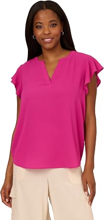 Adrianna Papell Womens Solid Short Ruffle Sleeve Popover Blouse