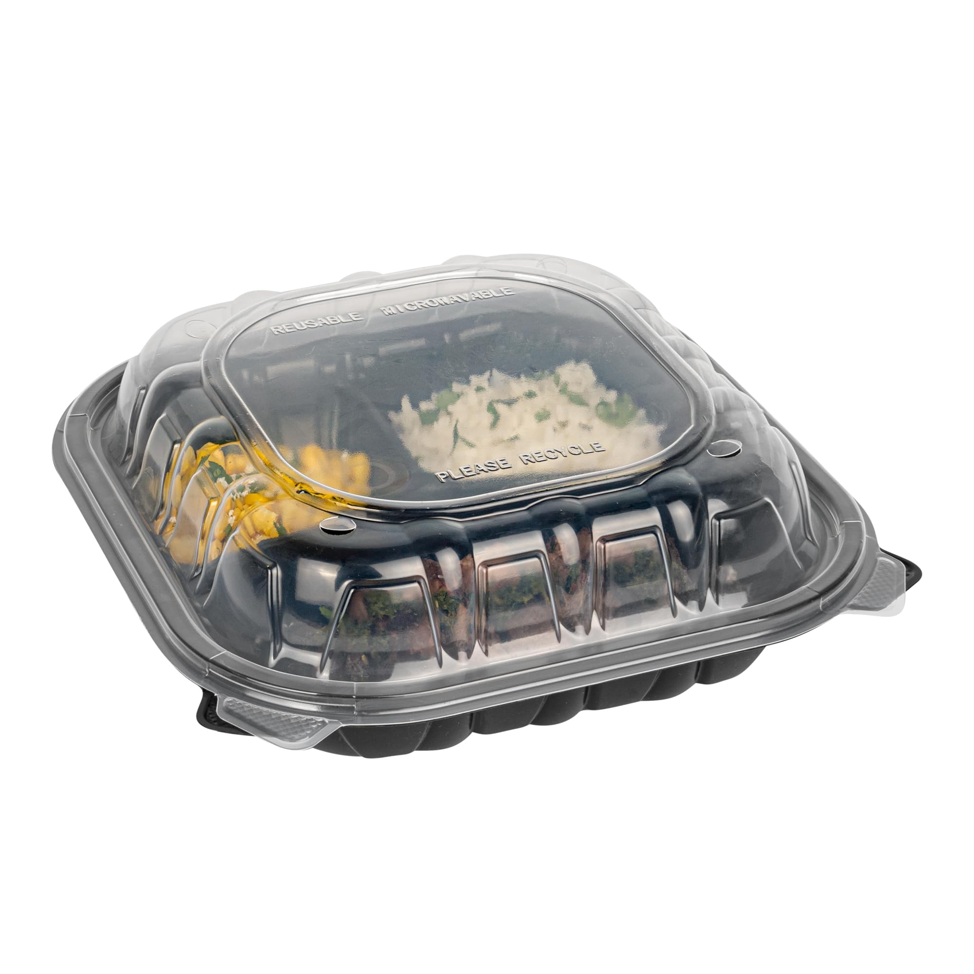Restaurantware Thermo Tek pojemniki z klapką, 50 jednorazowych pudełek na wynos – 3 przegrody, wentylowane pokrywki, czarne plastikowe pojemniki do przygotowywania posiłków, nadają się do kuchenki