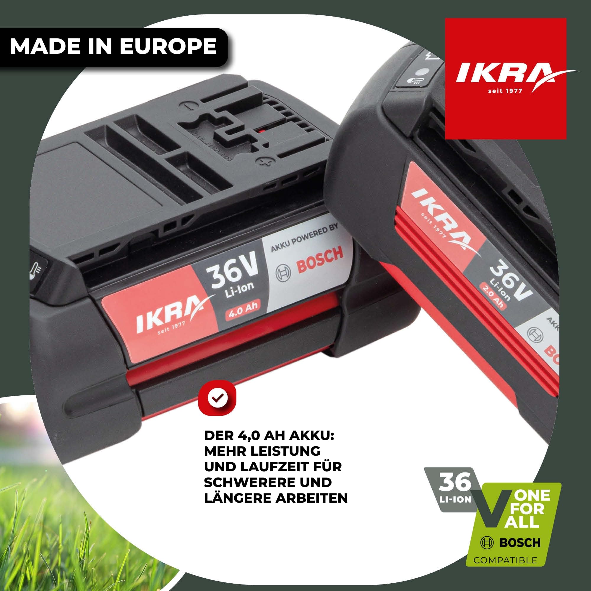 IKRA 36 Volt 4,0Ah Li-Ion Akku Ersatzakku Typ LI 28, Powered by Bosch | Made in Europe, mit Bosch COOLPACK-Technologie, LED-Anzeige, 144Wh, kompatibel mit Bosch 36V Geräten