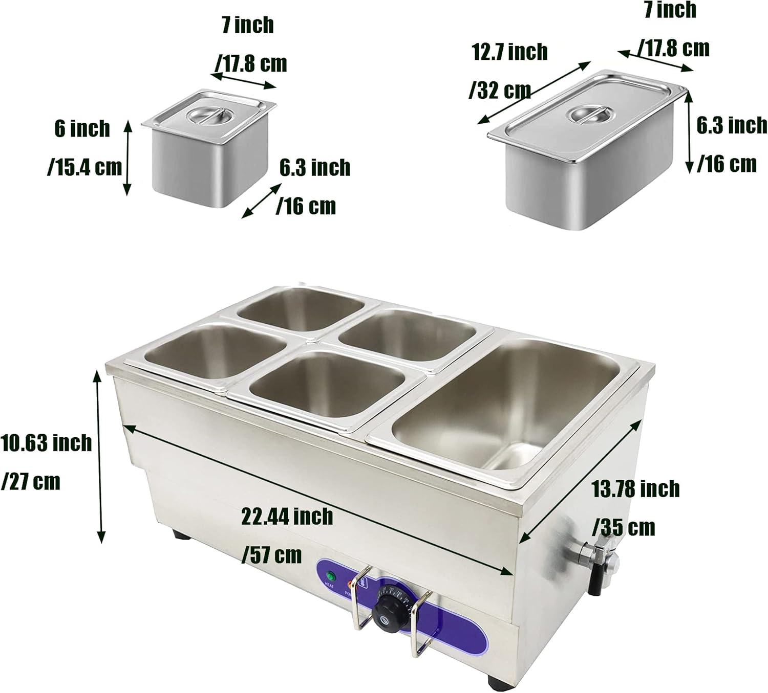 110V 5-Pan Commercial Food Warmer, 304 Stainless Steel Bain Marie Buffet Food Warmer, 1500W Electric Steam Table, 6inch Deep Adjustable Temp, for Restaurants, Catering and Parties