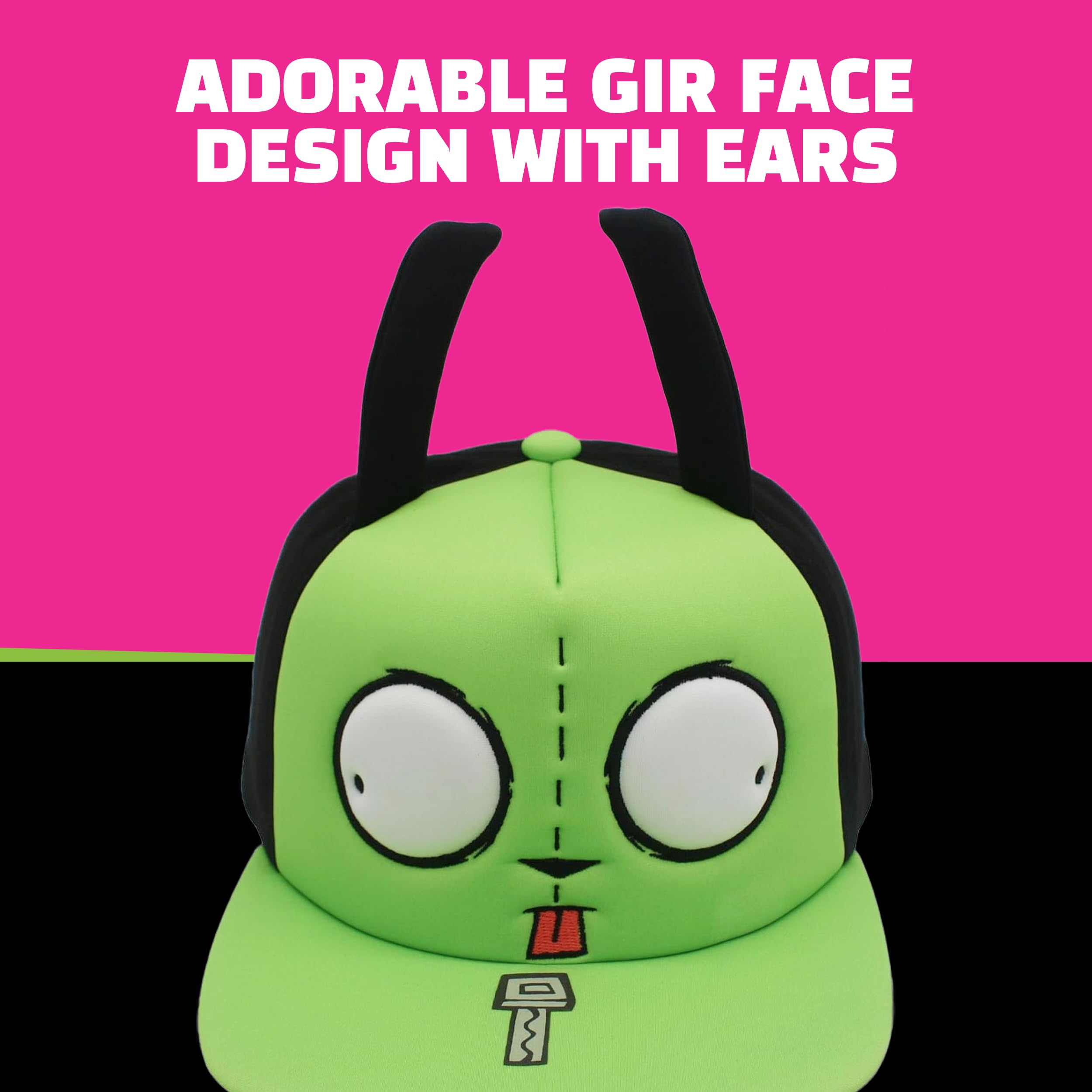 Concept One Gorra de béisbol Unisex Invader Zim, Gorra Gir para Adultos con ala Plana y Orejas y Ojos 3D, Verde/Negro, Talla única, Verde/Negro, Talla única