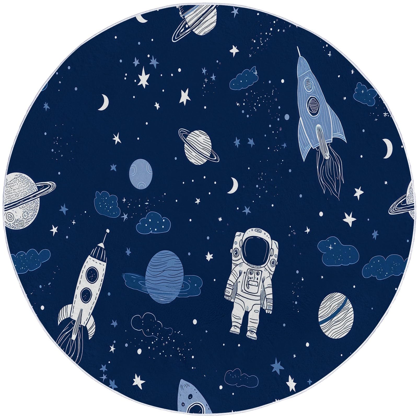 Tapis Rond Interieur 150 cm Dessin Animé Espace Fusée Astronaute, Tapis de Salon Lavable Bleu Marine - Moquette Moderne Doux Antidérapant pour Chambre à Coucher Canapé Chambre d'enfant Salle de Jeu