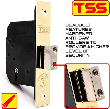 TSS High Security 5 Lever British Standard Mortice Deadlock with 3 Keys and Fixings, 2.5 (68mm) Polished Brass, Insurance Approved for External Doors, British Standard BS3621:2007