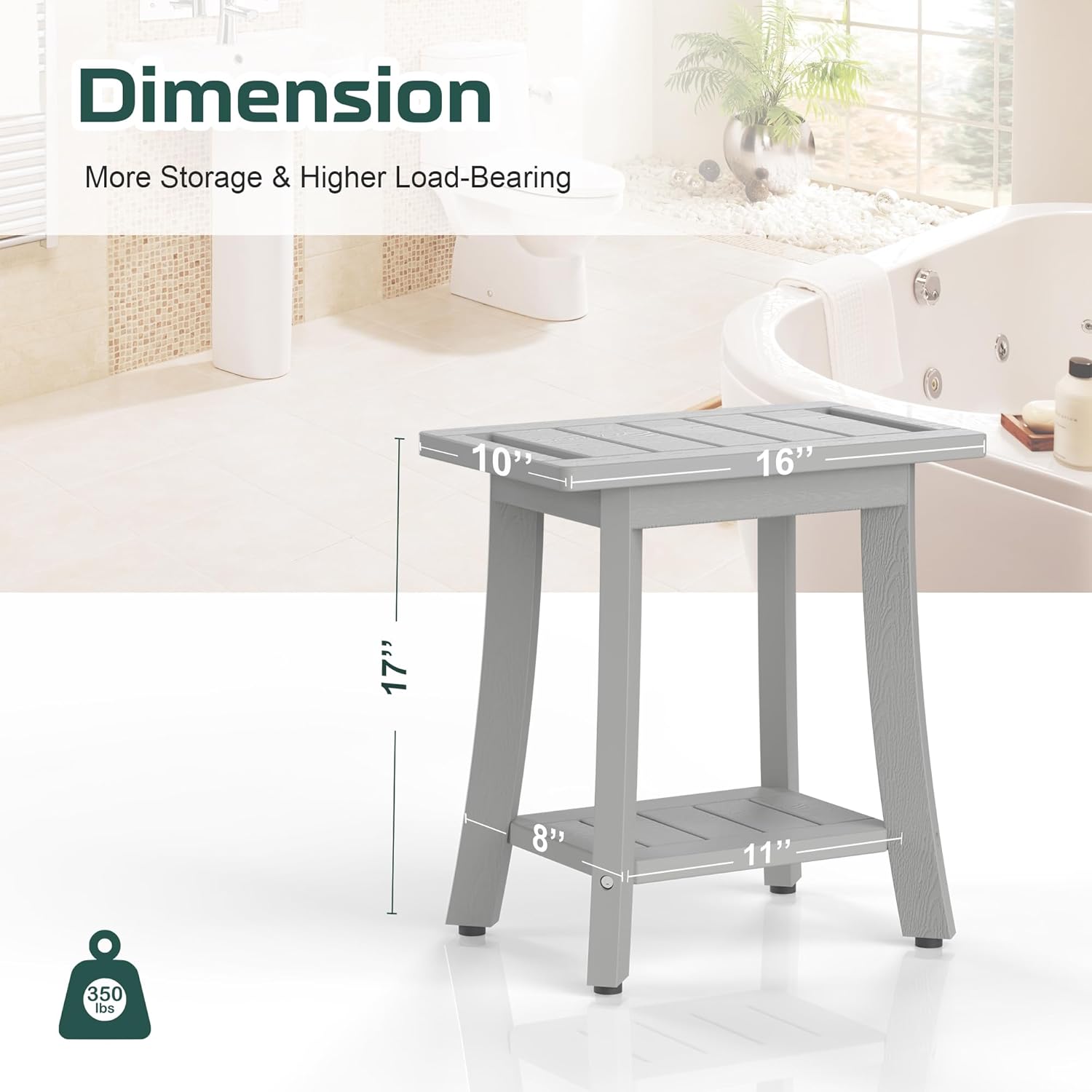 Waterproof Shower Benches for Inside Shower, Poly Lumber Shower Stool with Storage Shelf & Adjustable Feet, SPA Bathroom Seat Chair for Shaving Legs, Indoor or Outdoor Use, Grey