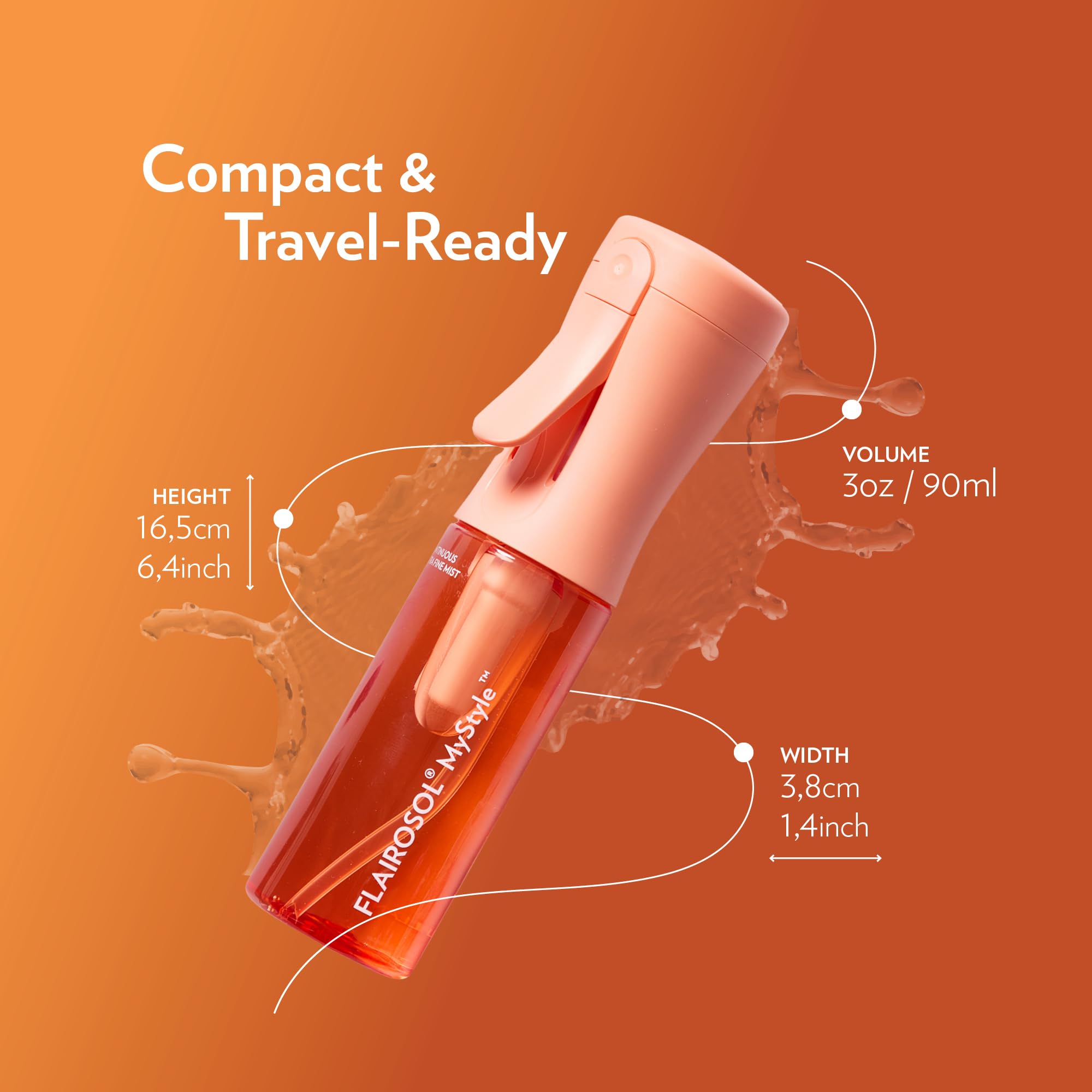 FLAIROSOL Flacon vaporisateur Petit vaporisateur de voyage, brume continue ultra-fine pour le visage, la coiffure, le salon, le nettoyage, les cosmétiques, le tonique facial, 90 ml, orange