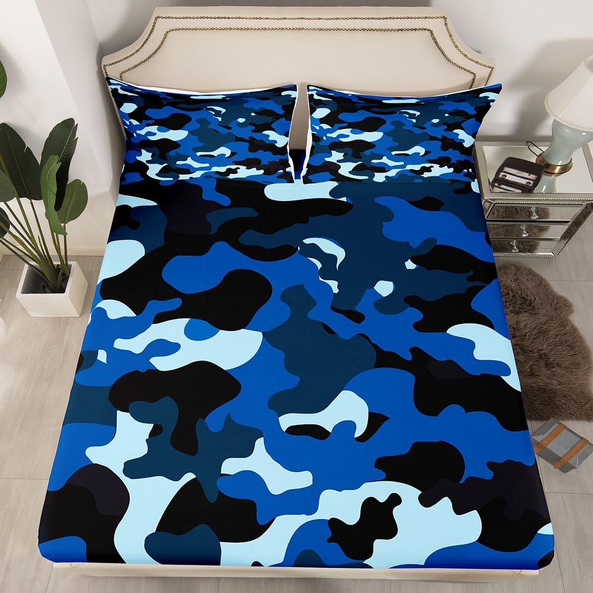 Kids Camo Bed Sheet Set Boys Army Camouflage Bedding Sheets Teens Youth Man Colorful Pattern Art Decor Bedding Fitted Sheet Dark Blue Bed Cover Room Decor 2Pcs Twin Size-picture-26