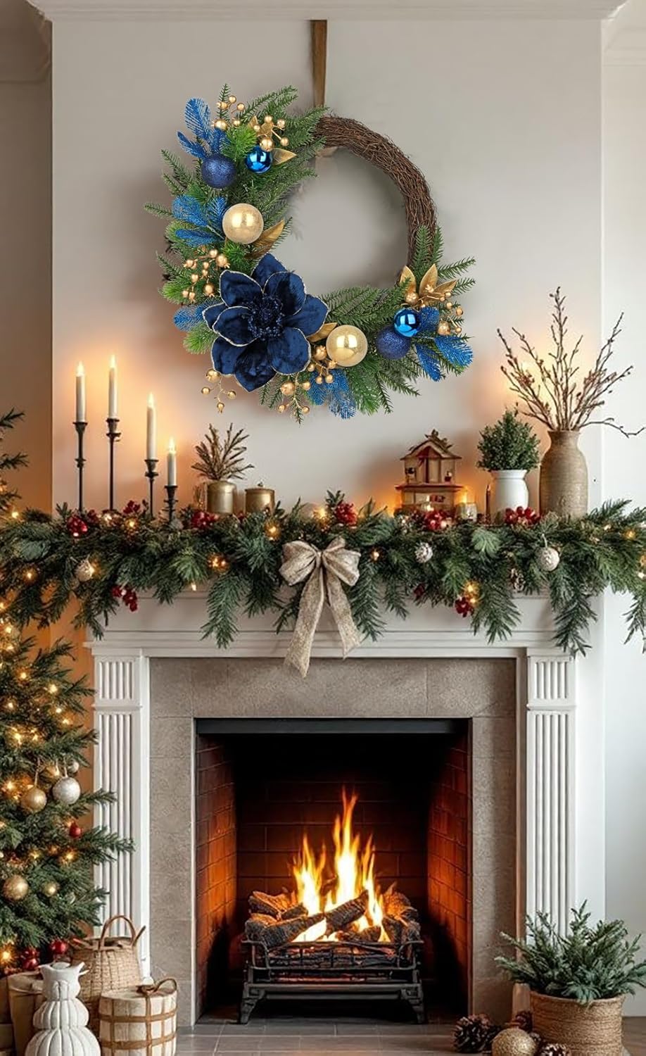 "20" Christmas Wreath for Front Door – Artificial Winter Half Wreath with Blue Velvet Maglonia Flower, Ball Ornaments, Berry Clusters for Indoor & Covered Outdoor Holiday Christmas Decoration "