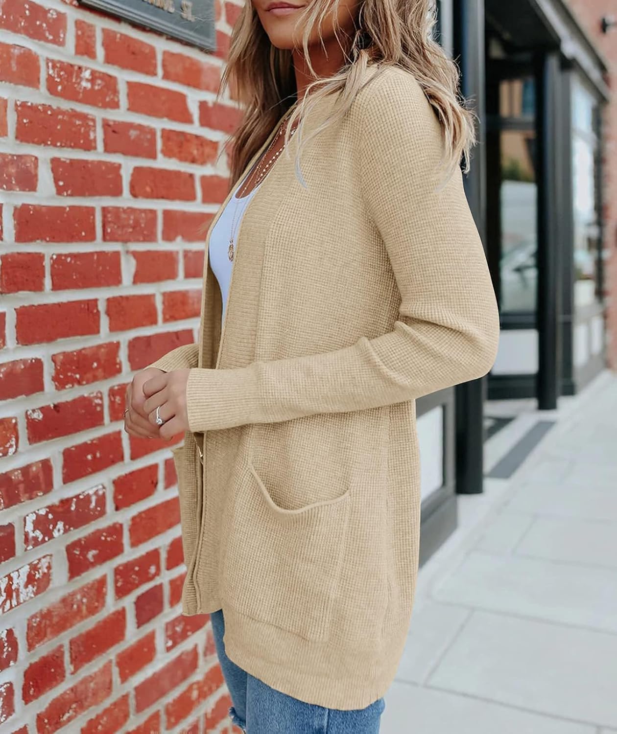 MEROKEETY Women's Fall Winter Cardigan Sweaters Lightweight Open Front Waffle Knit Sweaters with Pockets - Image 3