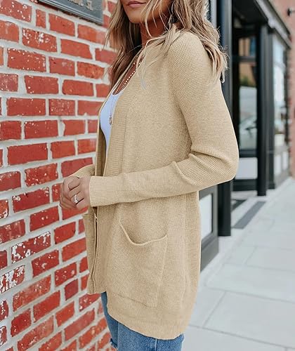 Miniatura 3 de MEROKEETY Suéteres de punto gofre ligeros con bolsillos para mujer, para otoño e invierno