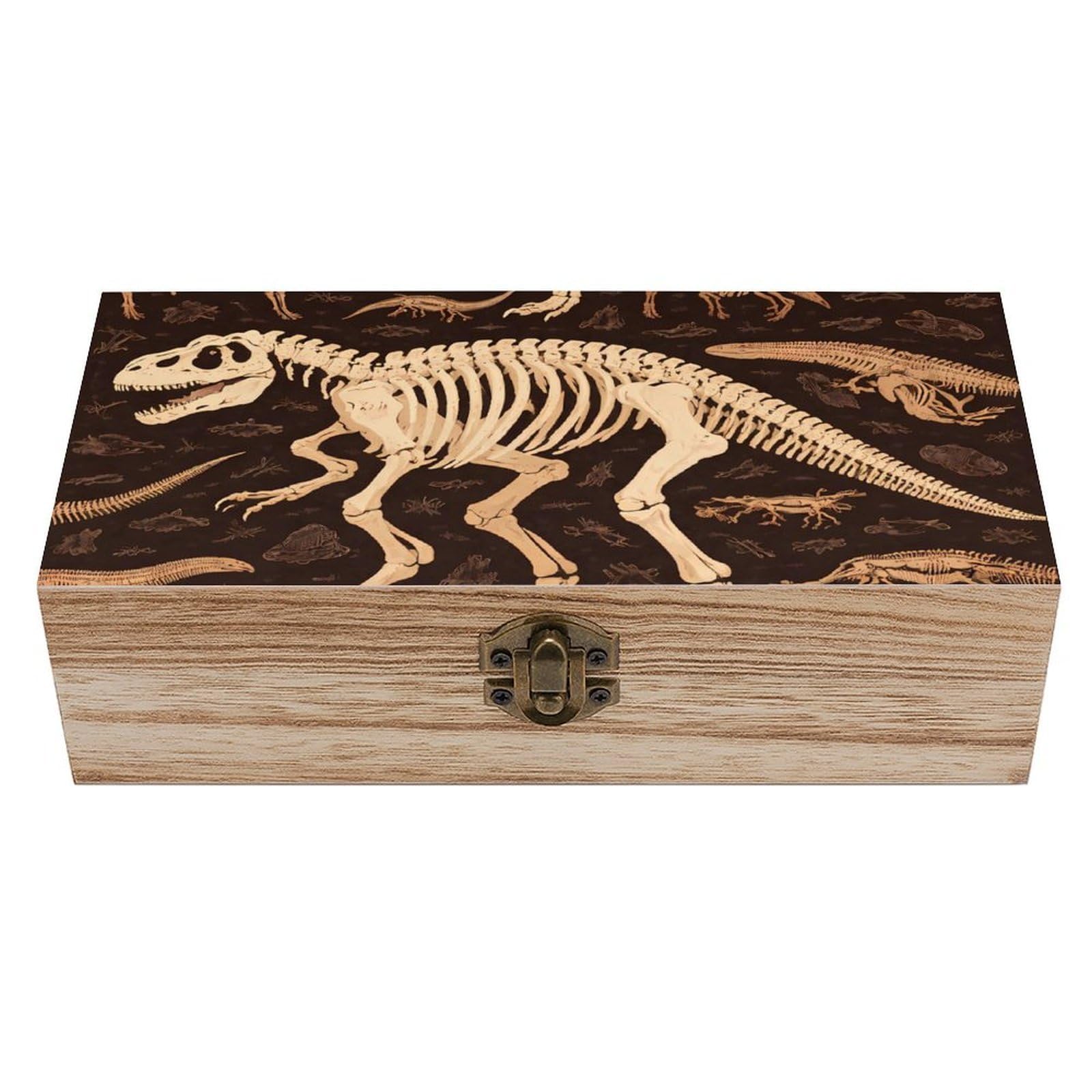 SMAZDFXX Dinosaur Skeleton Print Wooden Storage Box With Hinged Lid Decorative Front Clasp Keepsake Boxes