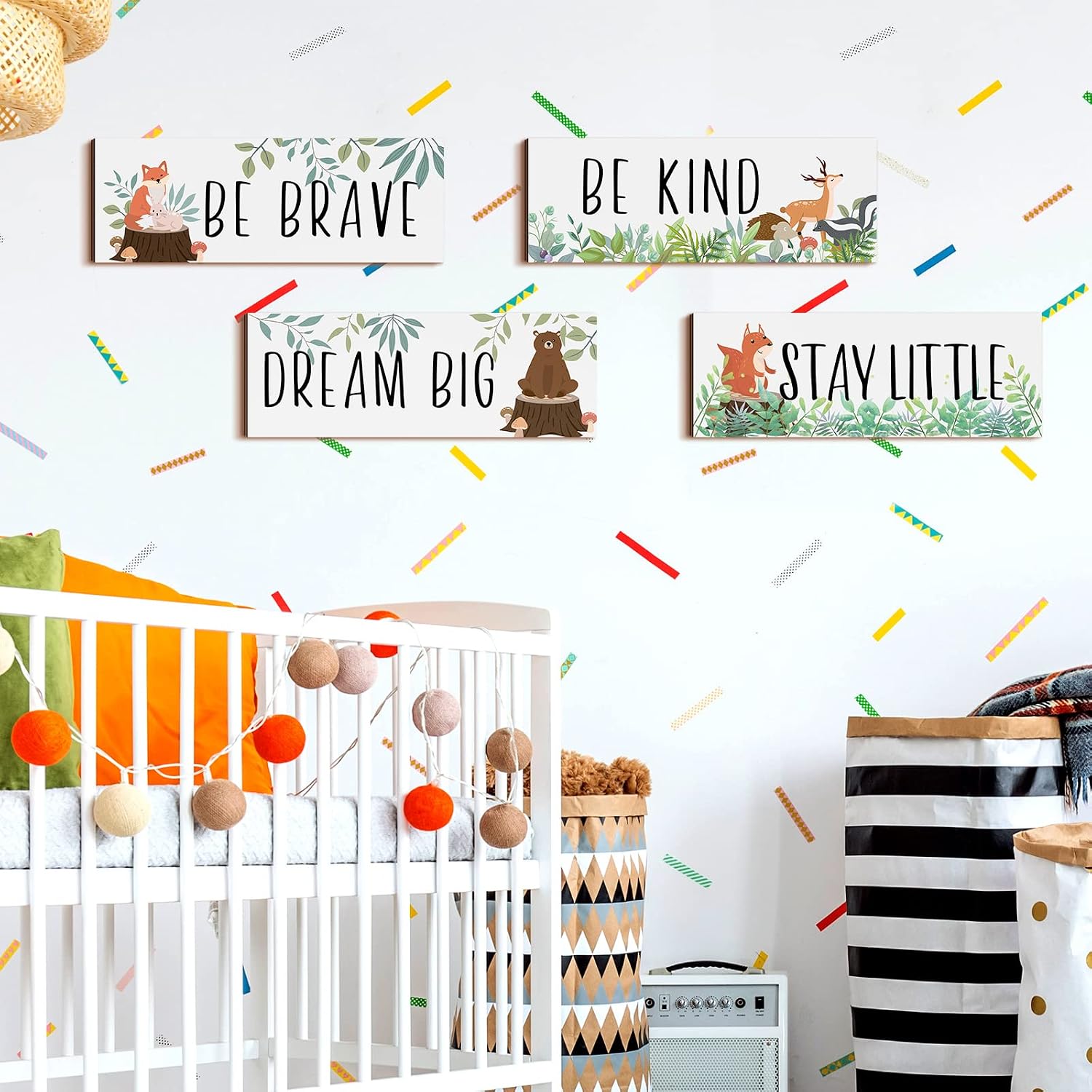4 Pieces Woodland Nursery Decor Safari wall art Be kind brave curious Cute Jungle Animal Nursery Decor for Bedroom living room home 11x 3.9 Inches(White Background)