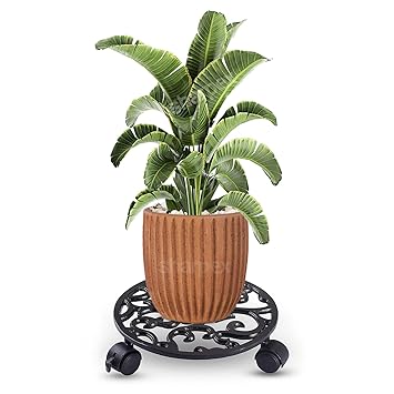 Sharpex Pack of 1 Metal Caddy Iron Dolly on Round Rack Rustproof Sturdy Potted Indoor Outdoor Plant Stand/Trolley With Locking Wheels for Balcony, Living Room, Home and Garden (Black)