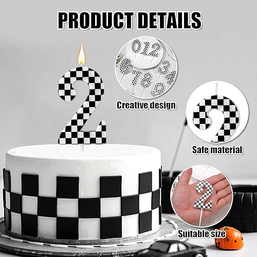 Miniatura 3 de Vela de cumpleaños con temática de autos de carreras, velas con número de bandera a cuadros, velas blancas y negras, decoración de pastel de feliz