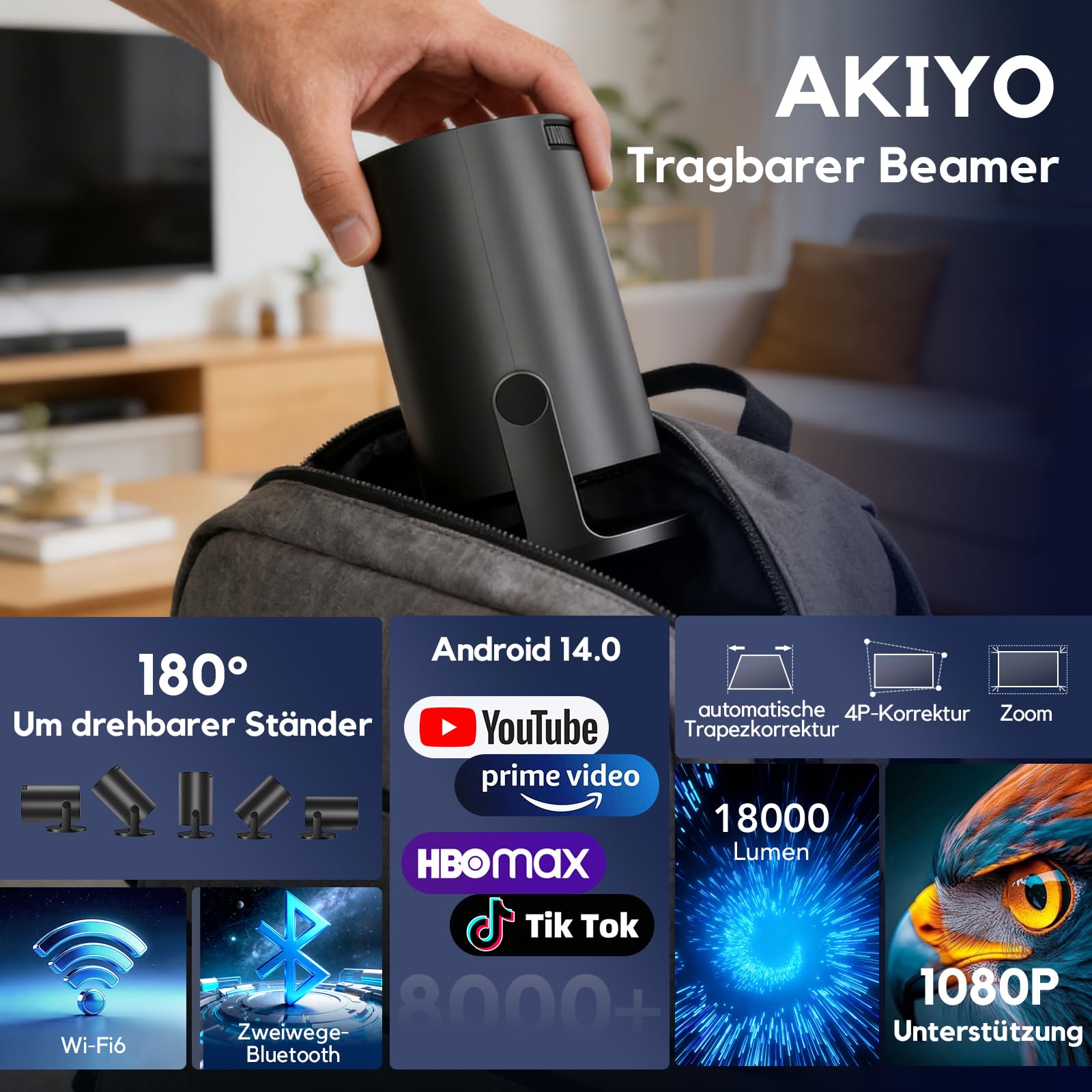Smart Mini Beamer 1080P Unterstützt, Tragbarer Projektor AKIYO O2 mit WiFi 6 und Bluetooth 5.4, Beamer Klein mit 180° Drehbar und Auto Keystone, Kompatibel mit HDMI/Smartphone/USB/Laptop/PS5, Schwarz