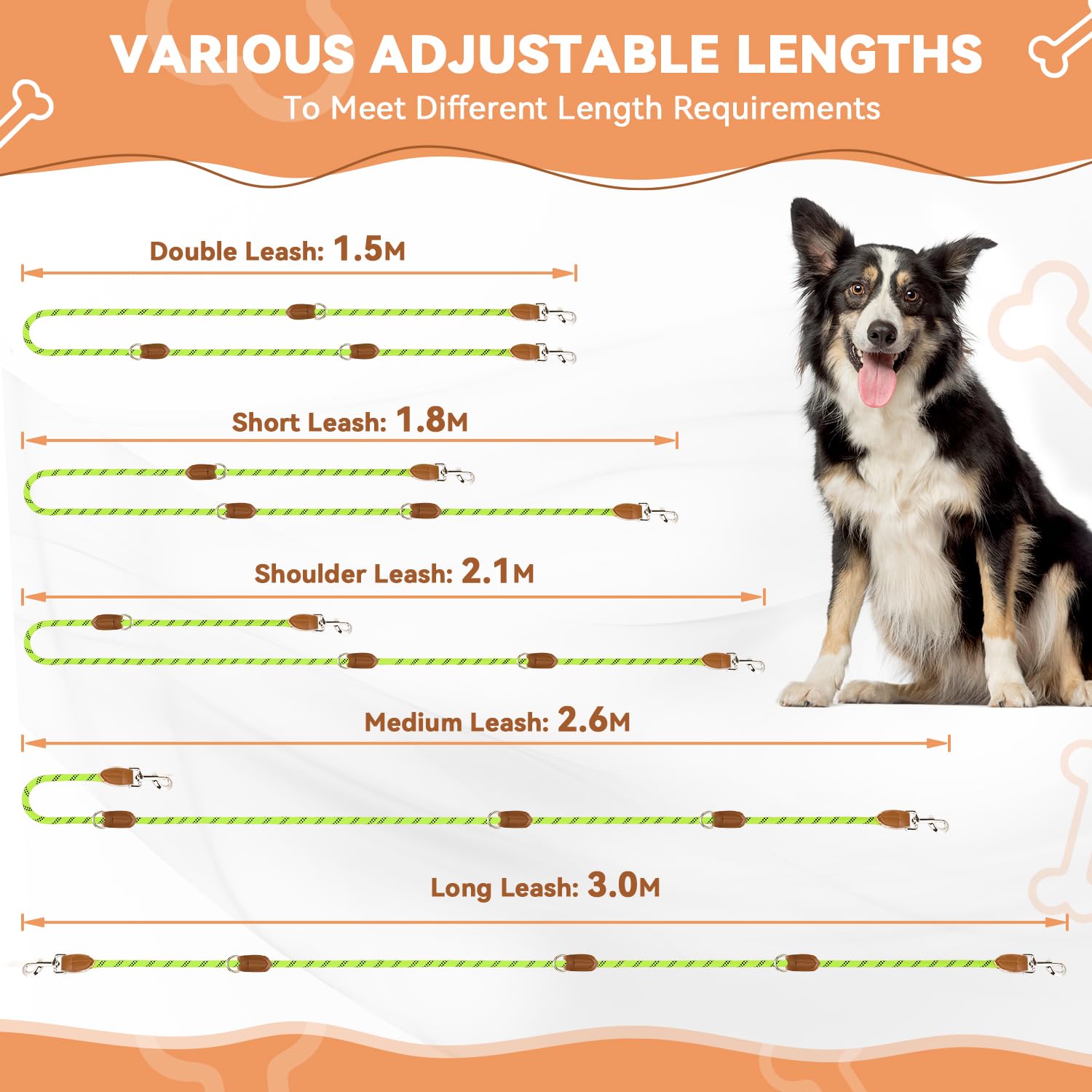 PETCOOZ Guinzaglio Doppio per Cani 3M Regolabile Con Fino Riflettente, Multifunzione e Resistente per Piccoli, Medi e Grandi, Verde Fluo