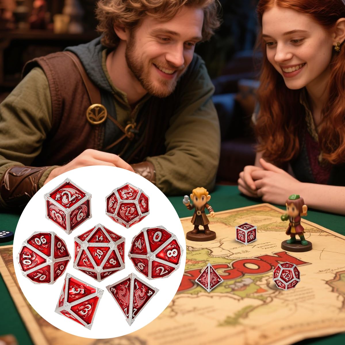 Set di Dadi in Metallo D&D, Modello Drago, 7 pezzi Dadi Poliedrici in Metallo, Accessori per Giochi di Ruolo, Giochi da Tavolo, Regali DND con Scatola Regalo, D20, D12, 2 D10 (00-90 e 0-9), D8, D6, D4