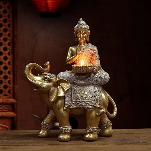 Miniatura 4 de Estatua de Buda para decoración del hogar, portavelas dorado de 11.5" - Estatuas de Buda Elefante para decoración Zen - Decoración espiritual de