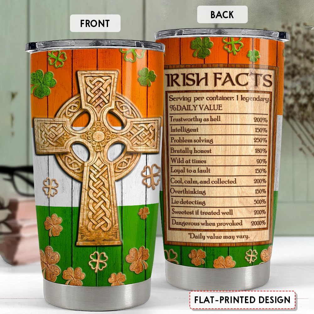 SANDJEST Irish Tumbler 20oz Celtic Cross Irish Fact Stainless Steel Tumbler with Lid Gifts for Women Birthday Christmas - Image 2
