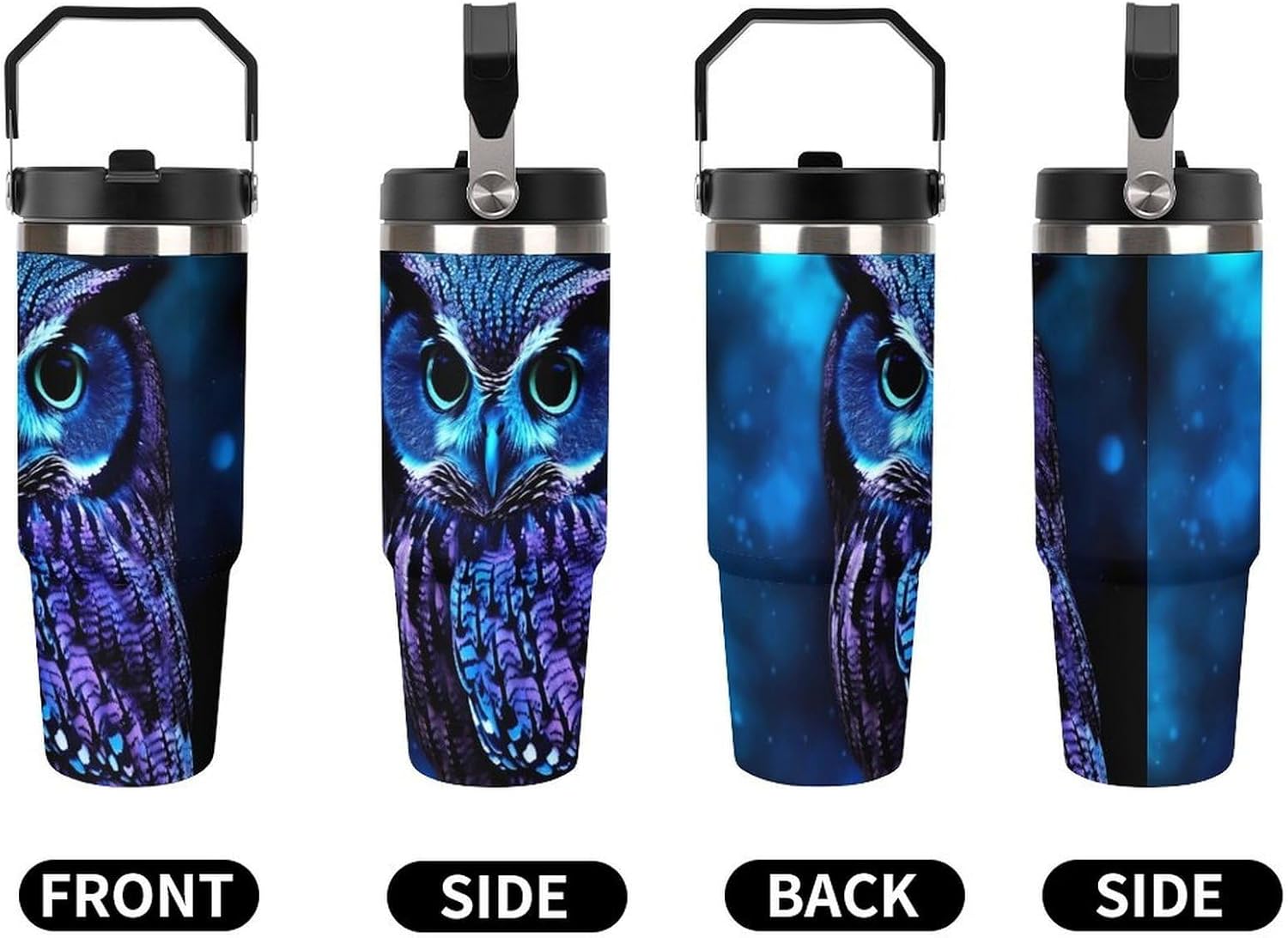 30oz Insulated Tumblers with Top Handle, Stainless Steel Blue Owl Car Cup with Straw for Gift, Leak-Proof Double Wall Vacuum Travel Mug, Personalized Water Bottles Black