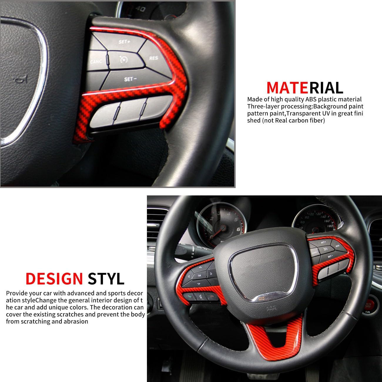 Crosselec Carbon Fiber Steering Wheel Cover Trim Bezels Accessories for Dodge Charger Challenger 2015+ (red Carbon Fiber)