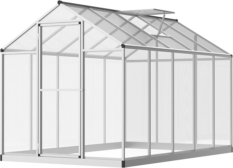Outsunny Ventilación de techo con canalón de lluvia para invernadero de policarbonato de 10' x 6' | Invernaderos de aluminio, puerta con cerradura, para exteriores, patio, jardín