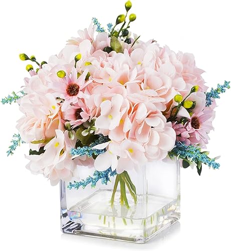 ENOVA FLORAL Flores artificiales de hortensias rosas con jarrón para decoración del hogar en interiores, flores artificiales de hortensias de seda ENOVA FLORAL Flores artificiales de hortensias rosas con jarrón para decoración del hogar en interiores, flores artificiales de hortensias de seda