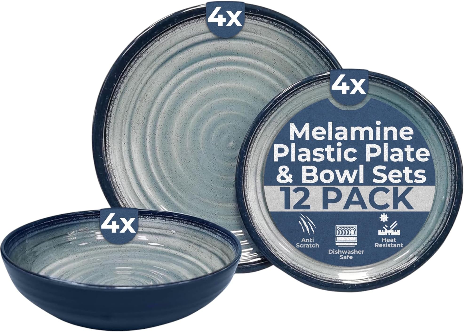 Vanilla Leisure Melamine Plastic Plate & Bowl Set 12 Piece Set BPA Free & Dishwasher Safe Alfresco Outdoor Camping Plates & Bowl Sets for Caravan Motorhome Heat Resistant Artisan Styled Tableware.