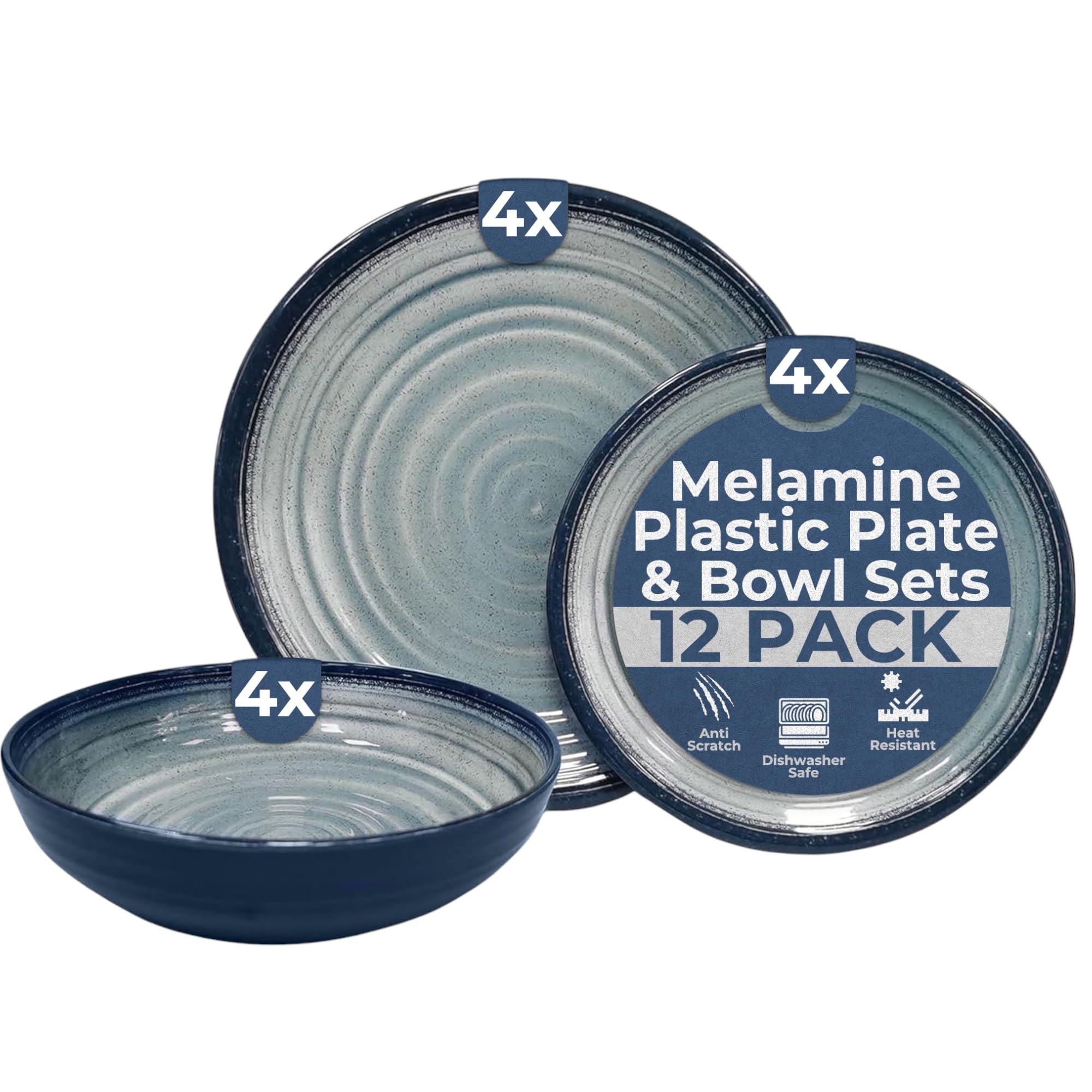 Vanilla Leisure Melamine Plastic Plate & Bowl Set 12 Piece Set BPA Free & Dishwasher Safe Alfresco Outdoor Camping Plates & Bowl Sets for Caravan Motorhome Heat Resistant Artisan Styled Tableware.