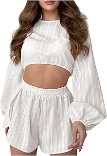 Womens Pajama Sets Short Sleeve Crewneck Crop Top Pajamas Sets Soft Lounge Sets Casual Shorts Sleepwear Pjs