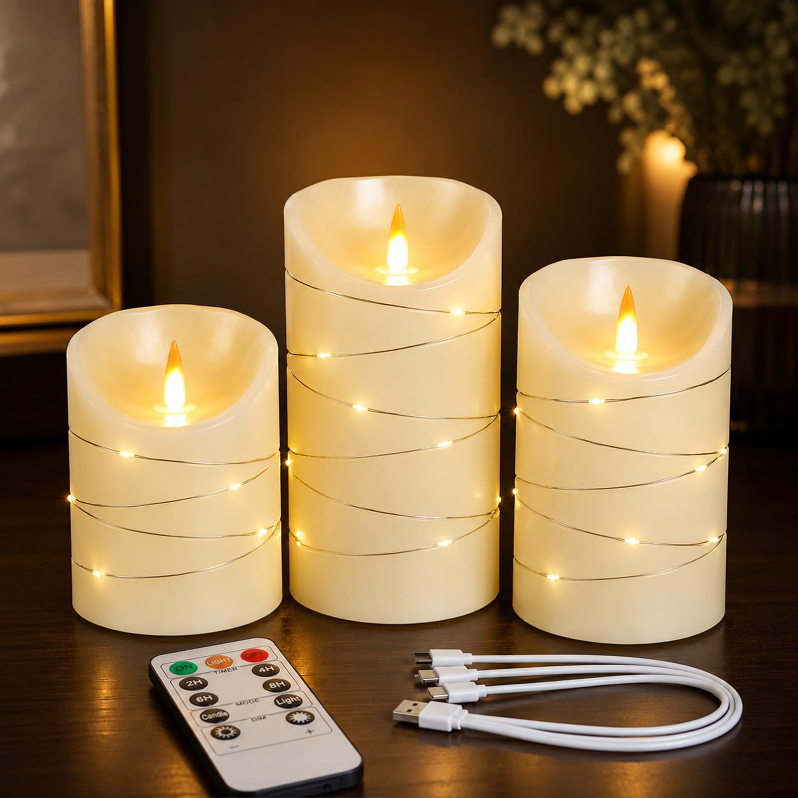 Flameless Candles Light, Set of 3 Flickering LED Candle with Remote & Timer, Rechargeable Dimmable Real Wax Electric Pillar Candles, Ivory Candle for Home Wedding Party Holiday Decor (Ivory)