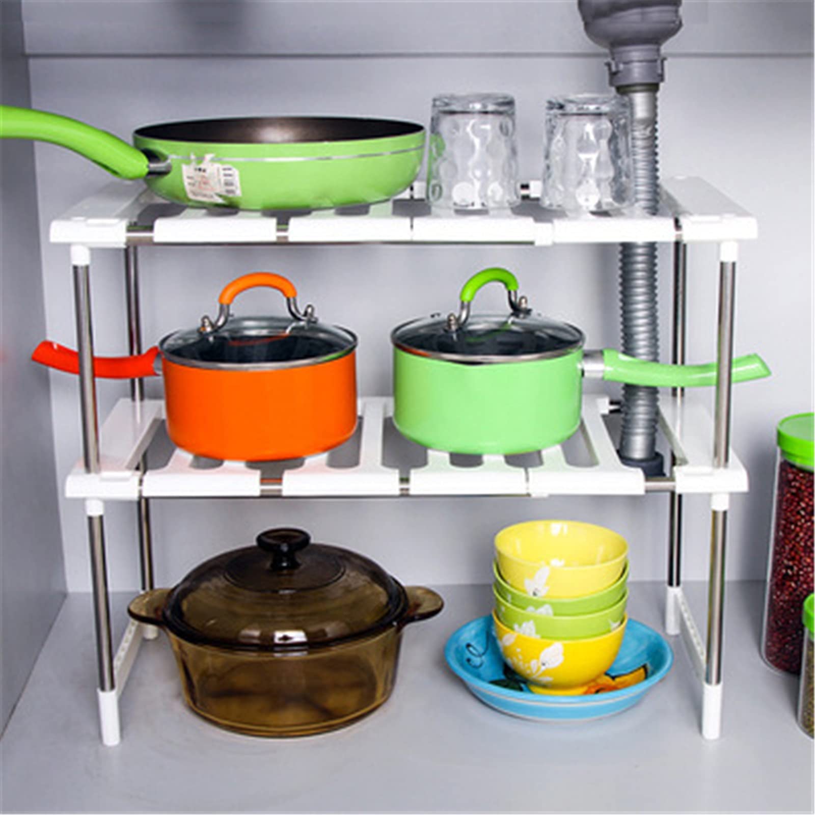 Organizadores Debajo del Fregadero, estantes Extensibles de 2 Niveles para Cocina y baño, Aumentan el Espacio de Almacenamiento (Color: Blanco, tamaño: 44-75 x 46 x 26 cm)