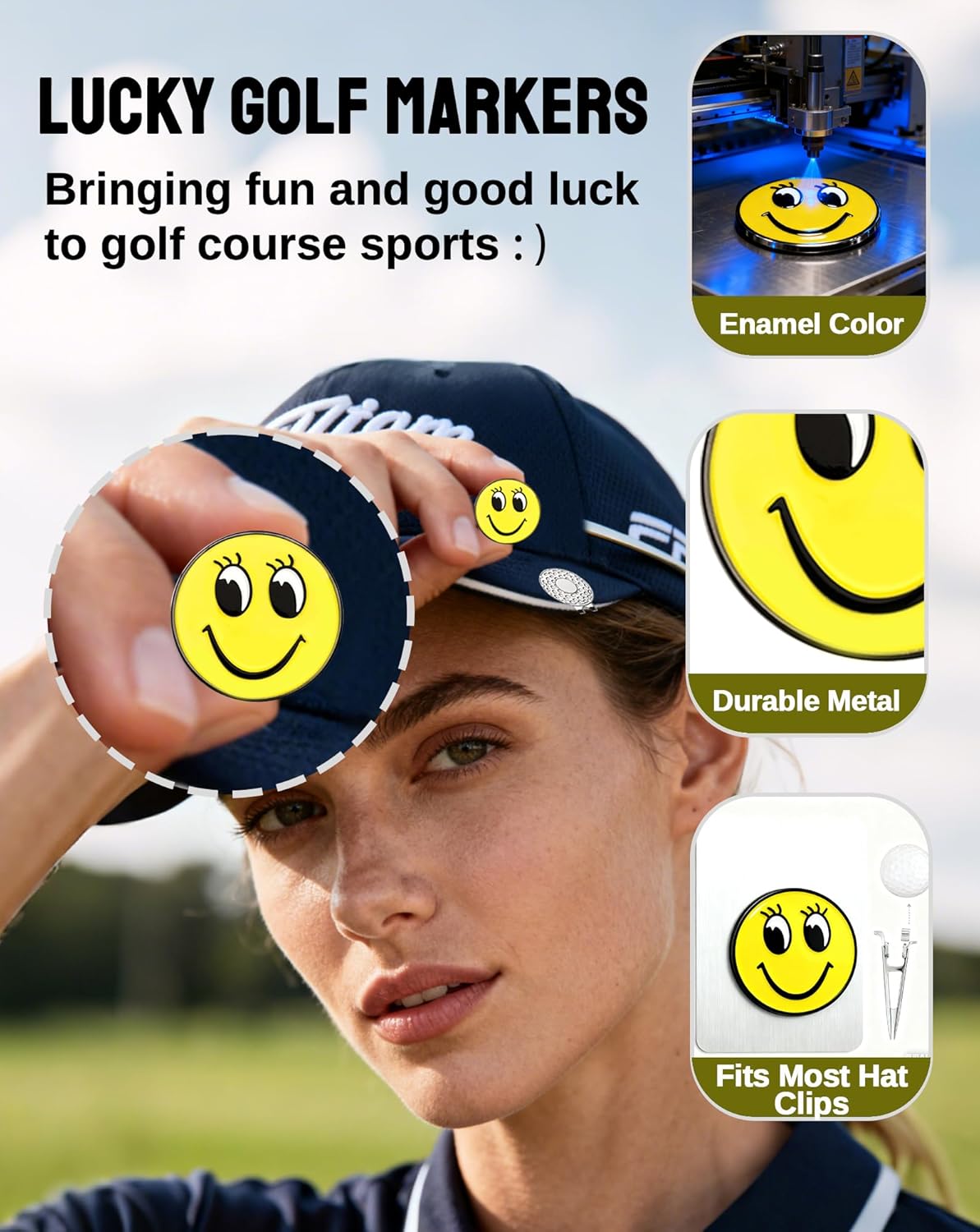 50 Pcs Golf Ball Markers Bulk, 1'' Smile Face Marker, Golf Accessories for Hat Clips & Divot Tools, Gift for Men Women Golfer Club