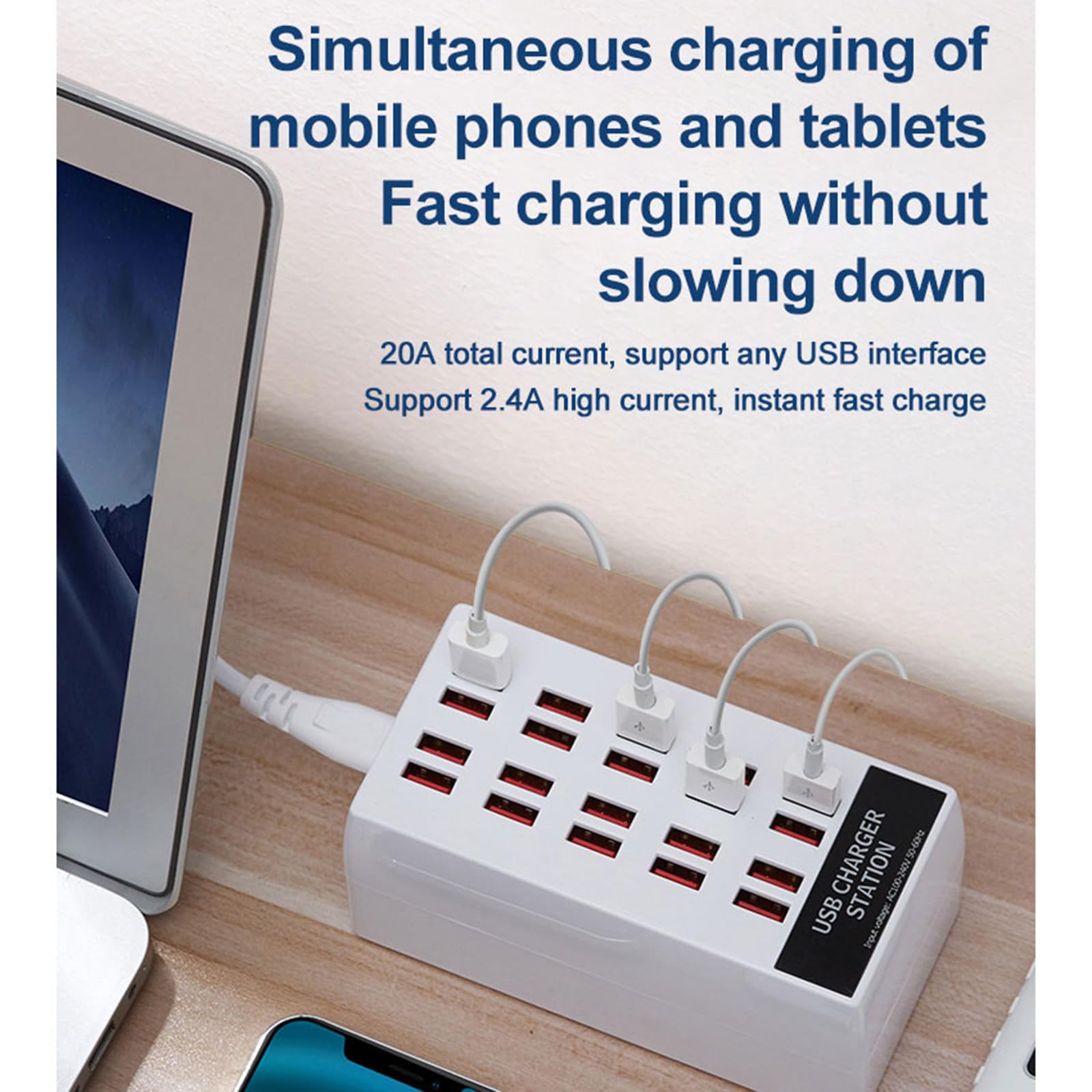 Estación de Carga USB de 100 W, estación de Carga rápida multipuerto de 20 W, Cargador USB de Escritorio Universal para teléfonos y tabletas, Adaptador de Corriente