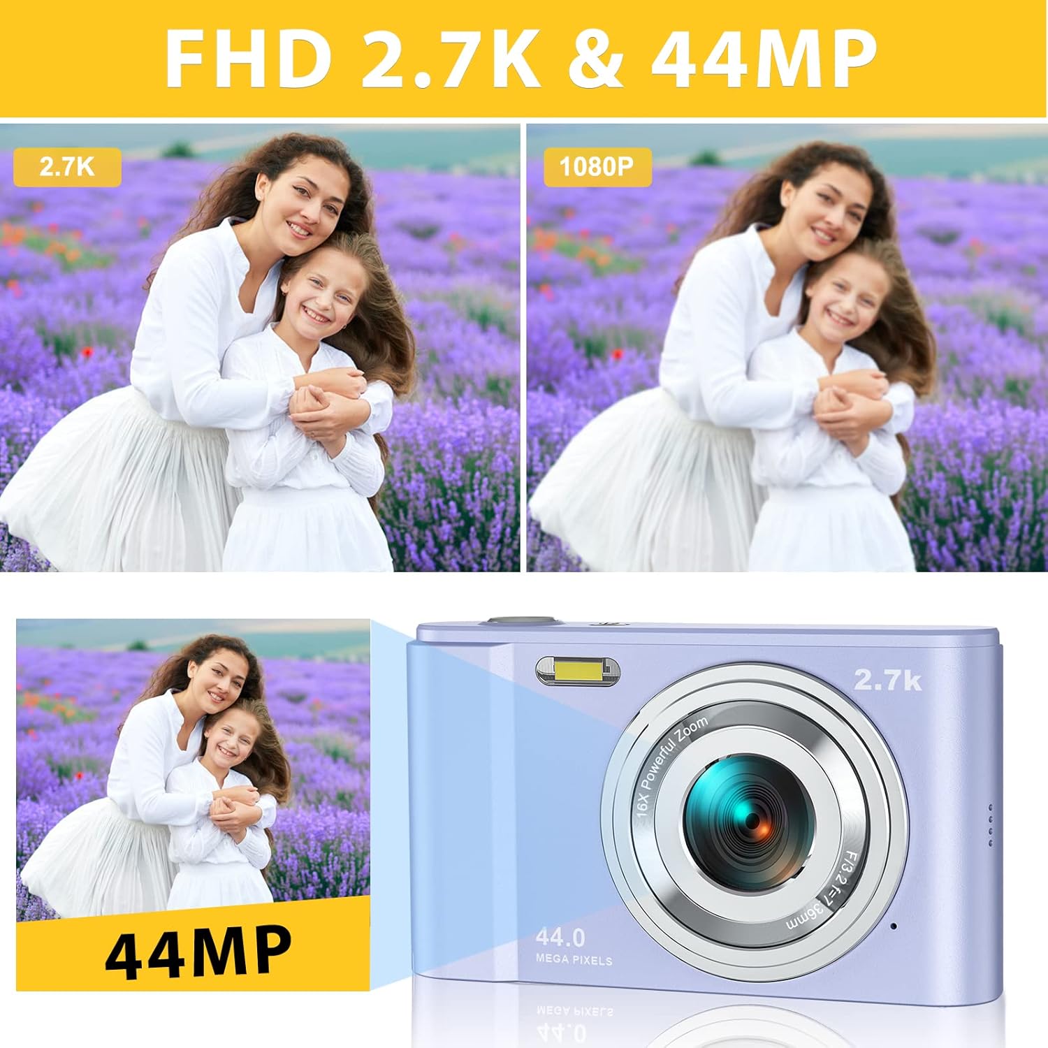 digital camera lecran vlogging camera with 16x digital zoom 2 88 ips screen compact portable mini cameras for students teens kids 2 7k purple