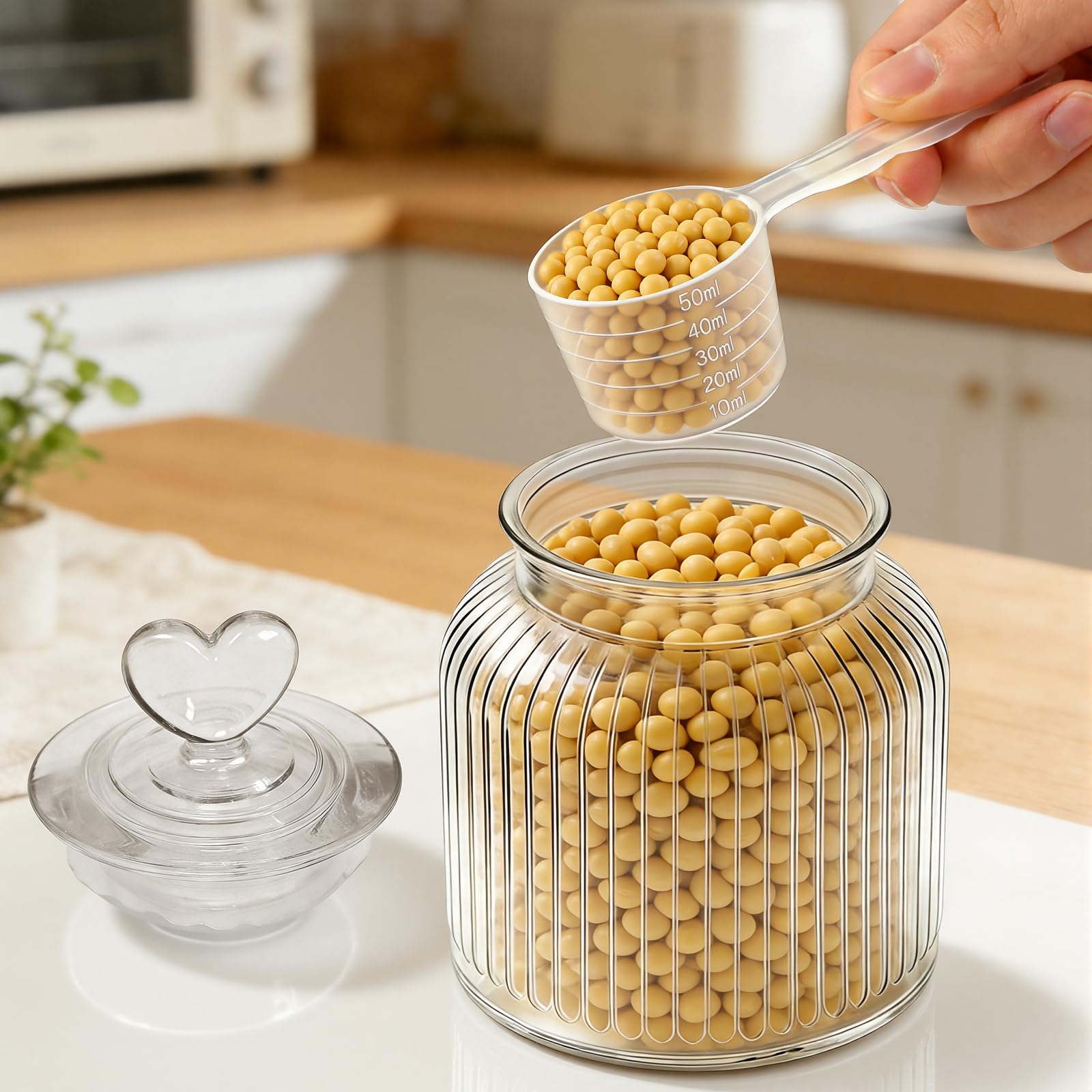 Mssushi 2stk 650ml Luftdicht Vorratsgläser, Glas Bonbonglas Herzförmiges mit Deckel, Geeignet für Candy Bar, Kekse, Süßigkeiten, Küche, inklusive Messlöffel (2, Transparentes Streifendesign)