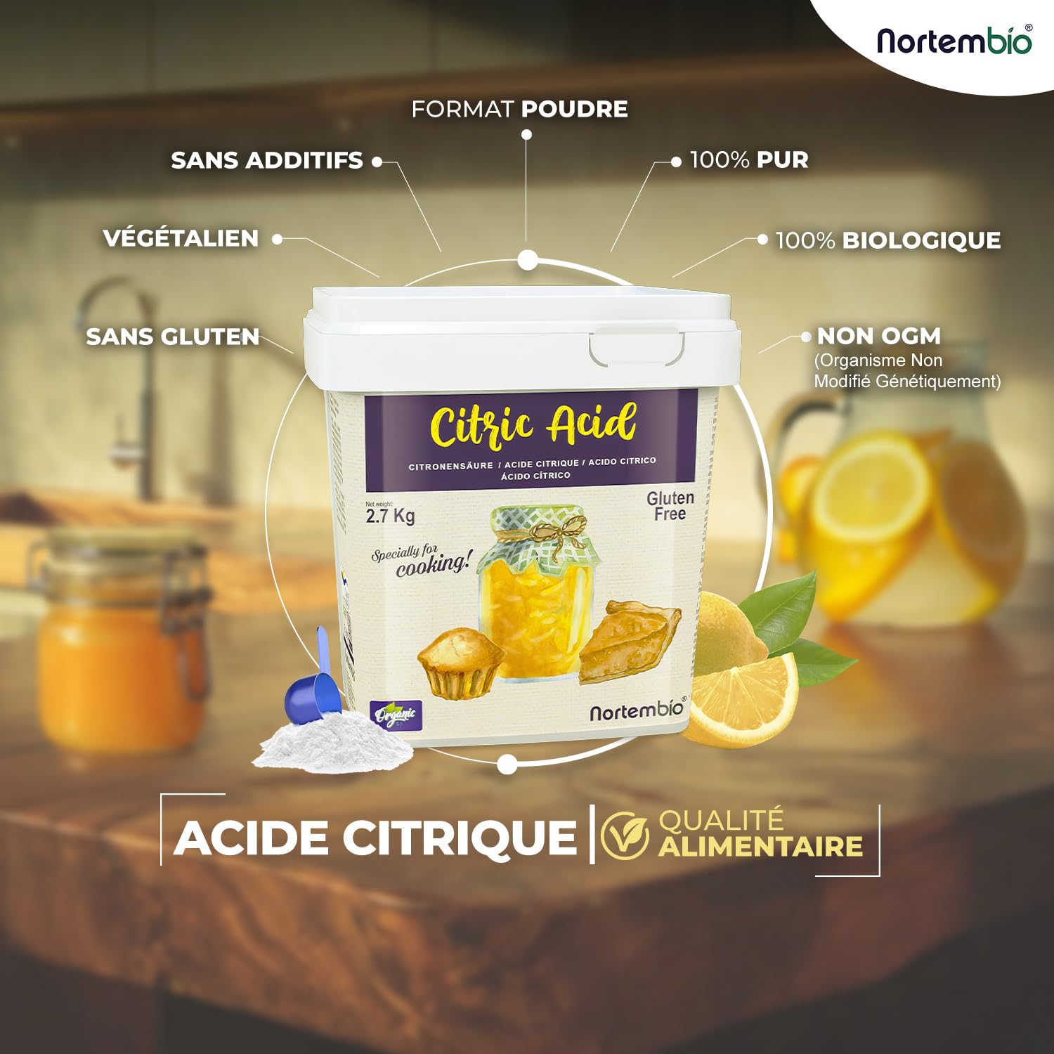Nortembio Acide Citrique Alimentaire 5,2 kg – Pur Qualité Alimentaire – Naturel, Sans OGM – Acidifiant pour Pâtisserie, Confitures & Cuisine – Livre de Recettes Inclus