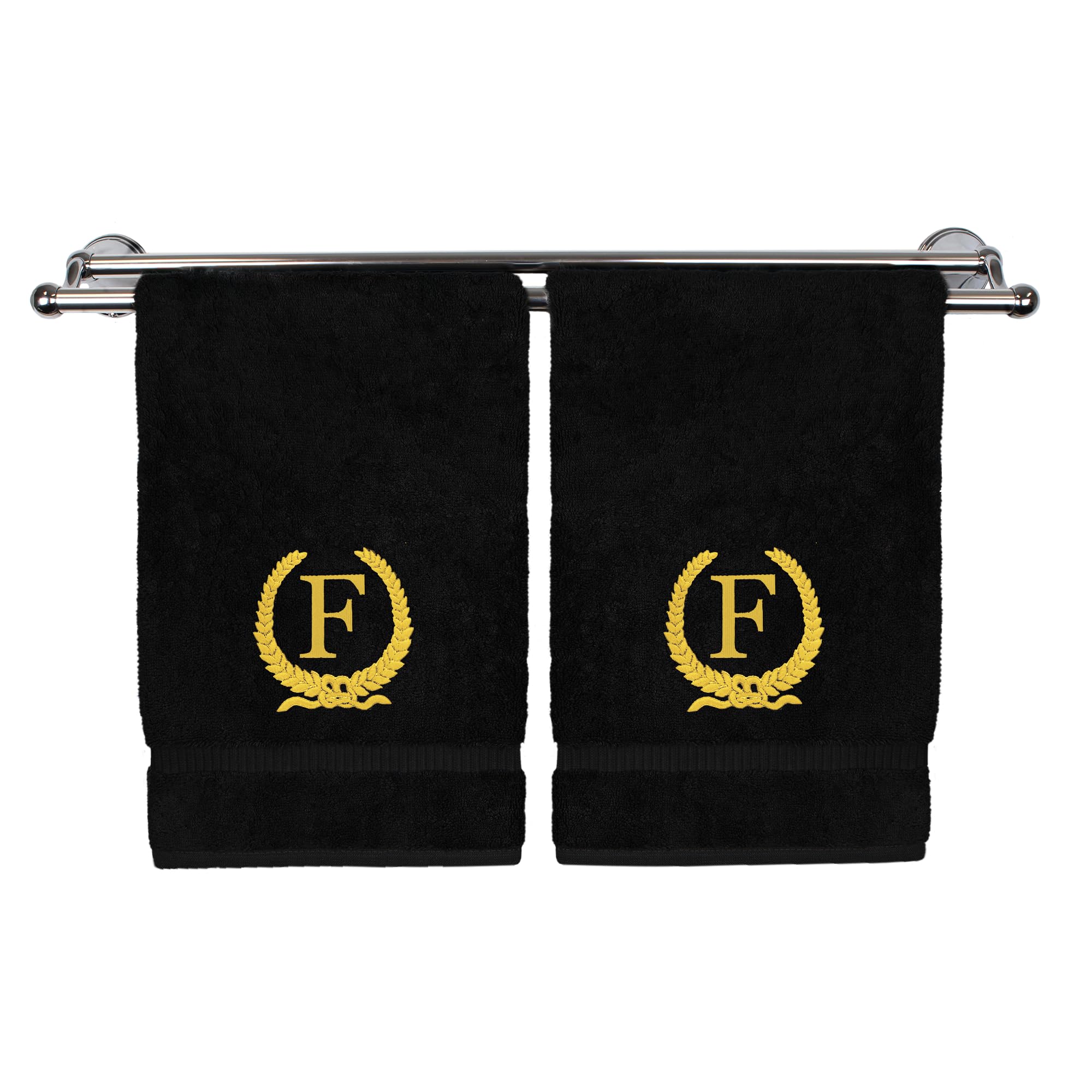 Monogrammed Hand Towel, Personalized Gift, 16 x 30 Inches - White Letter Embroidered Gold Wreath Design on Black Towel - Extra Absorbent - 100%