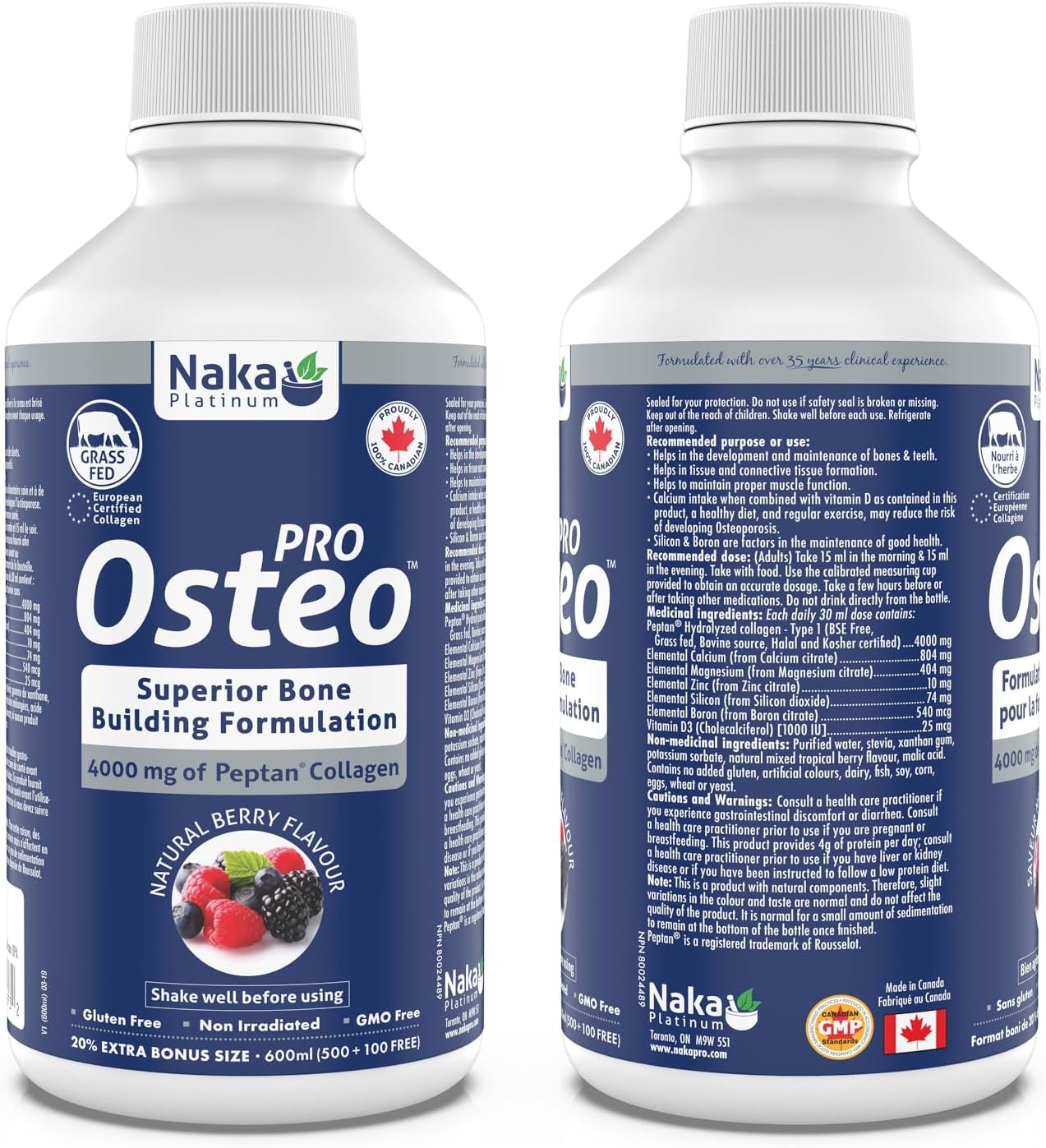 Naka Platinum Pro Osteo, Superior Bone Building Formulation, 4000mg of Peptan Collagen, Naturally Berry Flavour, Made in Canada (600ml) Naka Platinum Pro Osteo, Superior Bone Building Formulation, 4000mg of Peptan Collagen, Naturally Berry Flavour, Made in Canada (600ml)