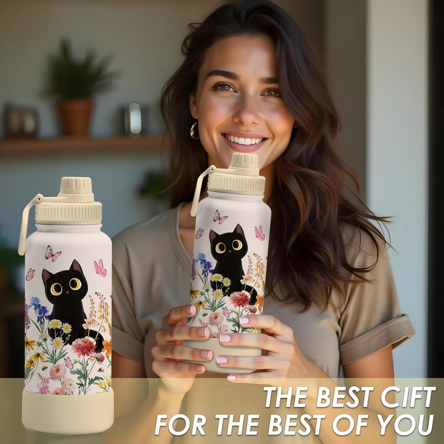 Gift for Cat Lovers - 34oz Black Cat Water Bottle for Girls, Cats Flower Tumbler with Lid, Leak-Proof, Double Wall Travel Mug for Women, Cute Water Bottle for Cats Lover Birthday Christmas (1 pc) - Image 8