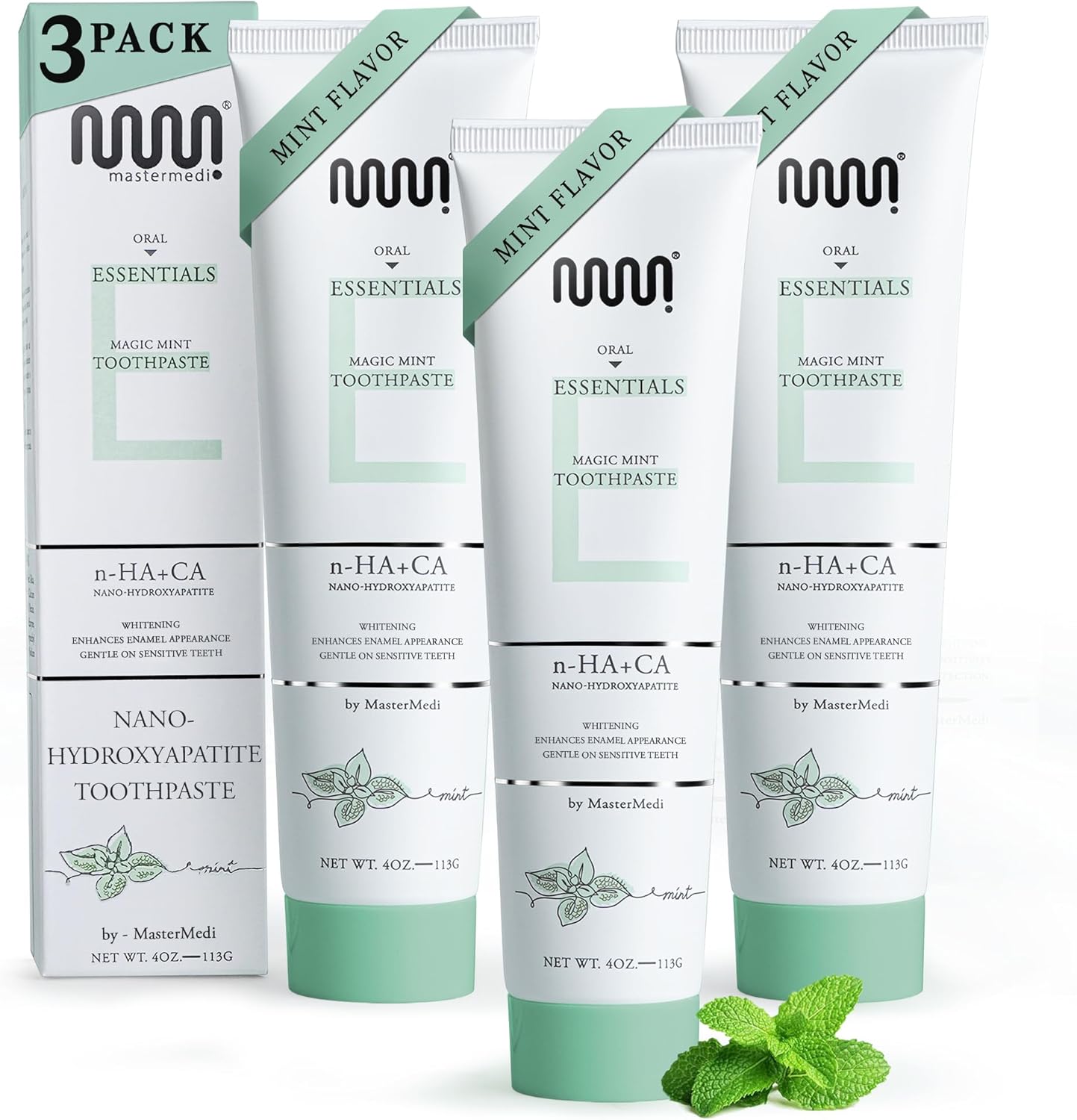 MasterMedi Nano Hydroxyapatite Toothpaste with Xylitol – Fluoride & SLS Free, Remineralizing Formula for Whitening, Sensitive Teeth, Enamel Repair & Strength, Magic Mint, 4 oz (Pack of 3)