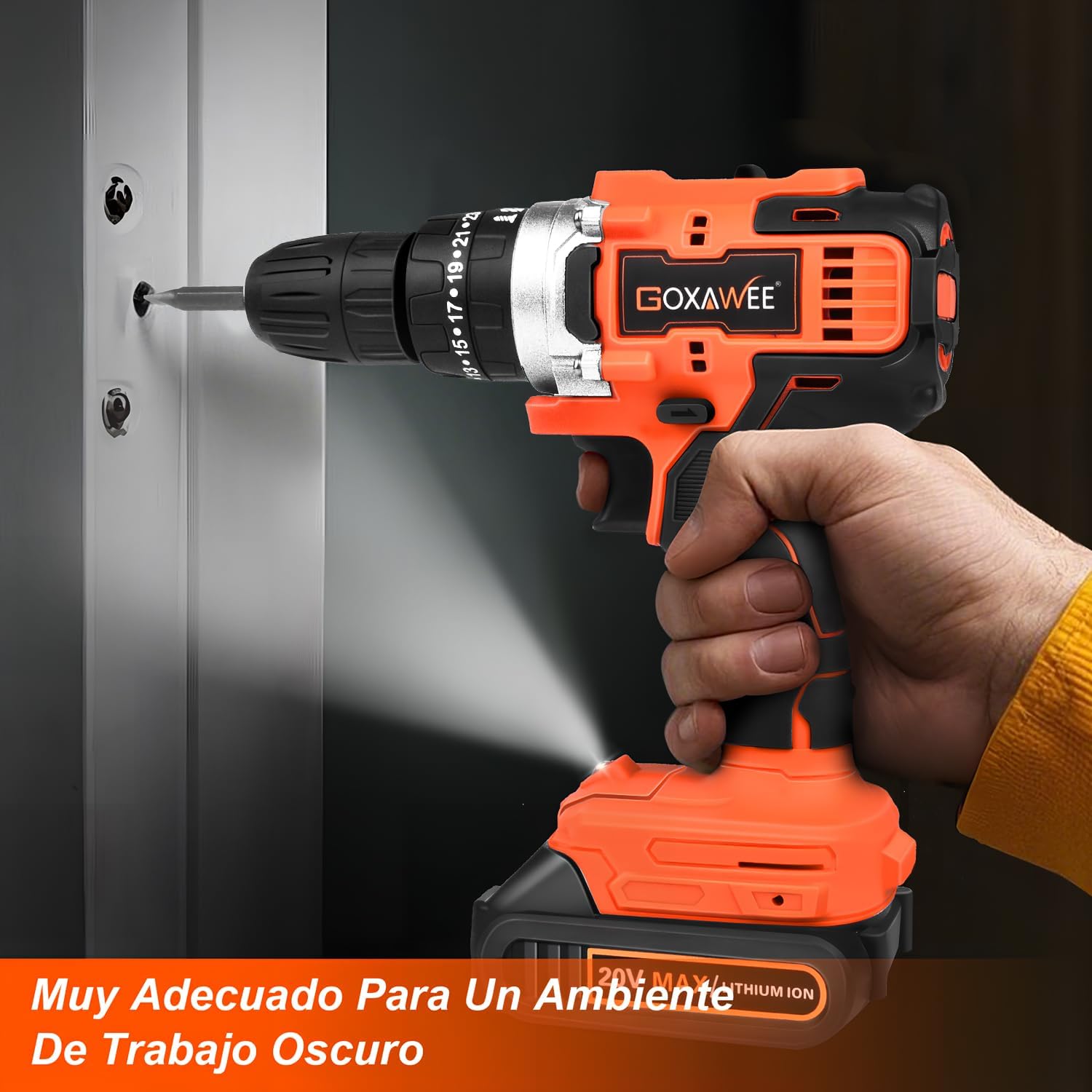 GOXAWEE cordless drill illuminating a dark work area with its integrated LED light while driving a screw.
