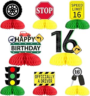Funmemoir 16th Birthday Decorations for Boys Driver License 8PCS Speed Limit 16 Birthday Honeycomb Centerpieces Officially a Driver Road Signs Birthday Table Decorations for New Driver