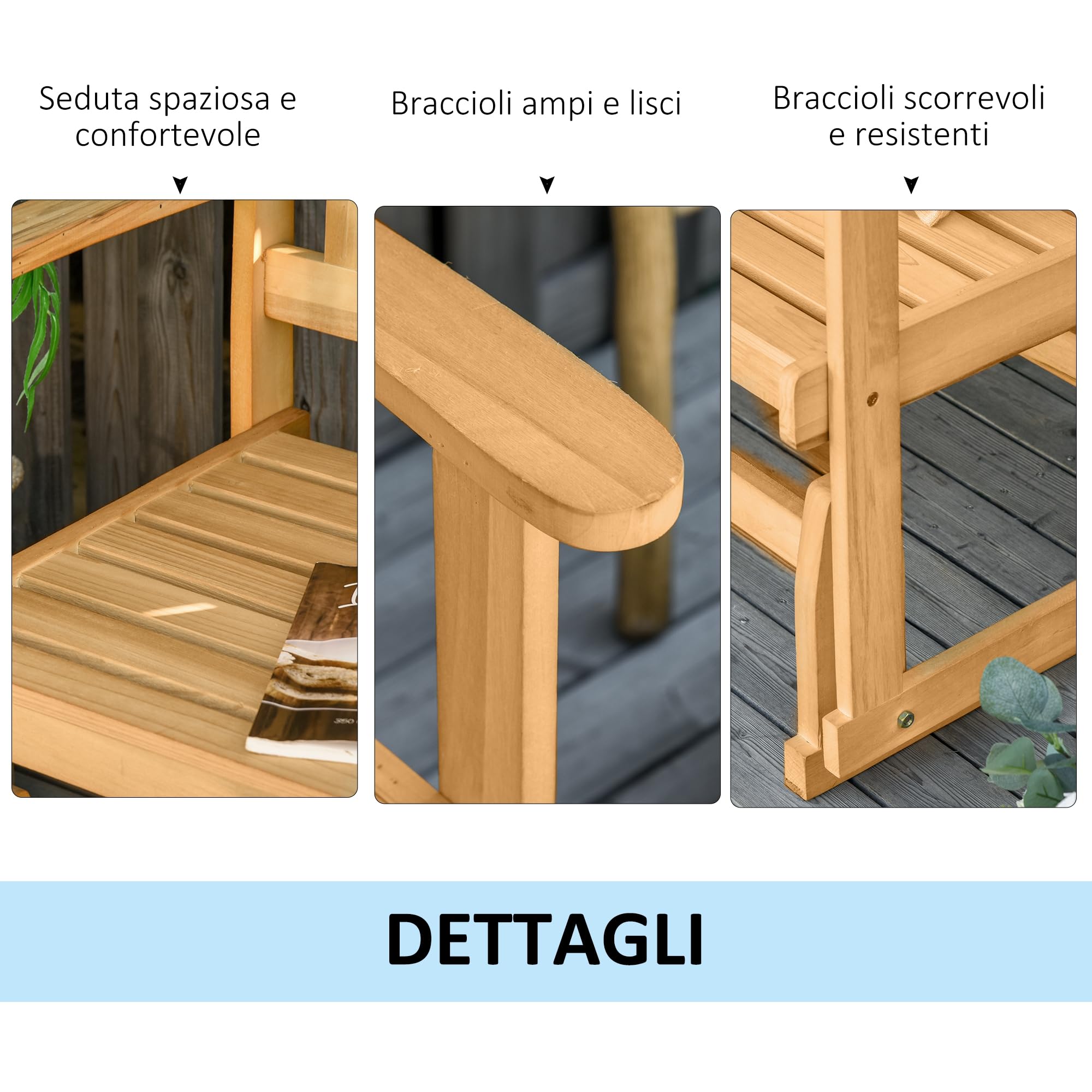 Outsunny Panchina da Giardino a Dondolo da 2 Posti con Braccioli, Panchina da Esterno in Legno di Abete, 132x51x95.5cm, Colore Legno