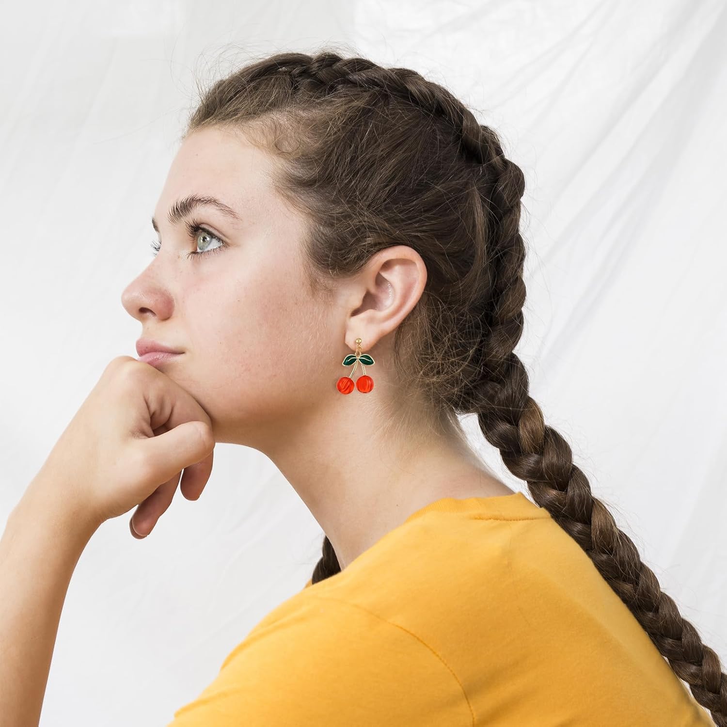 3D Cherry Earrings for Women, Gold Plated Sweet Cute Cherry Earring Accessories, Creative Light Weight Fruits Tassel Dangle Drop Green Leaf Earrings for Women - Image 3