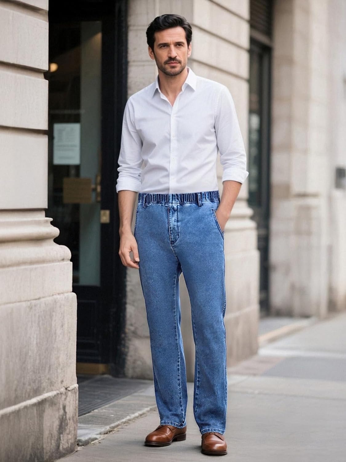 LONGBIDA Mens Elastic Waist Jeans Relaxed Fit Men's Stretch Denim Pants Business Straight Leg Trousers - Image 3