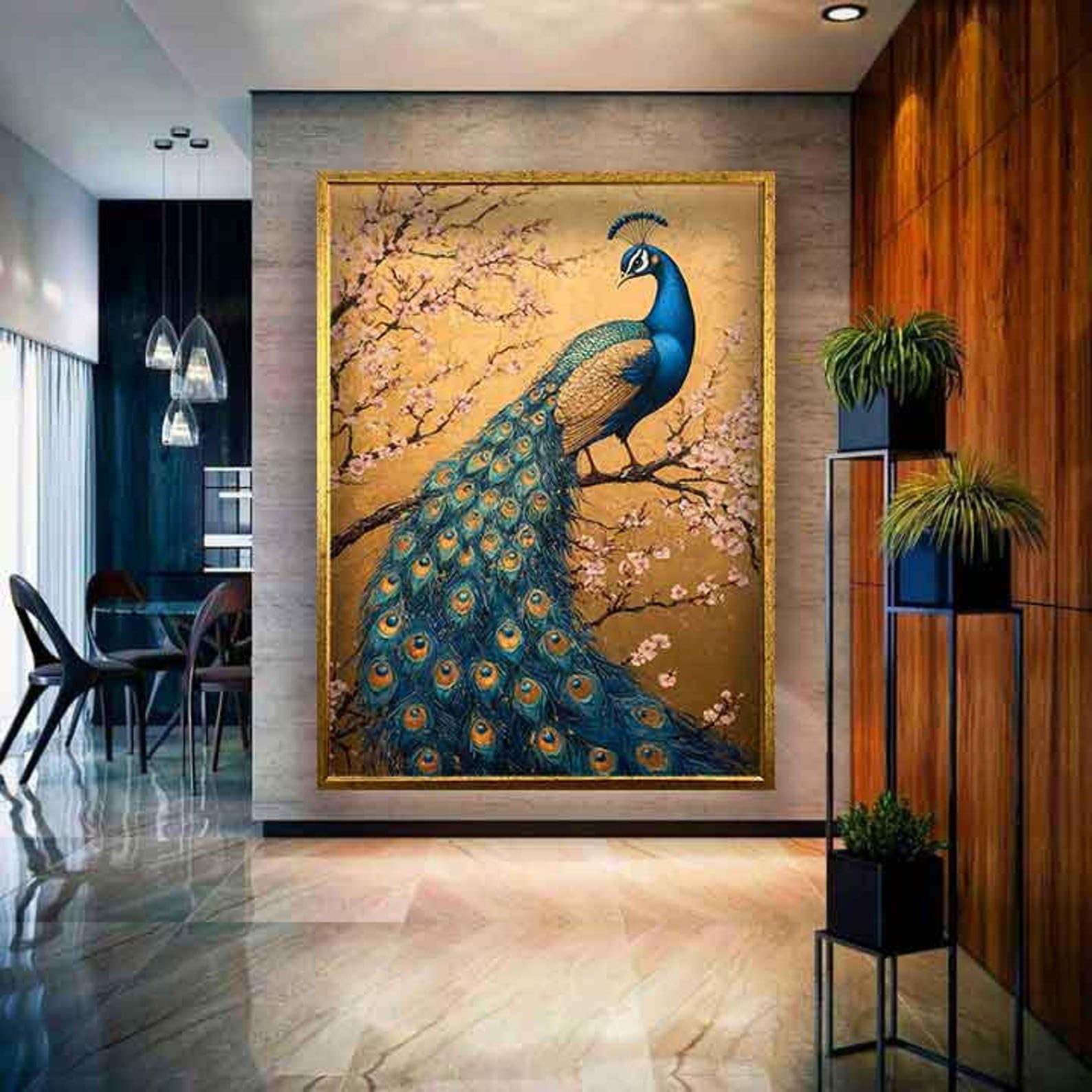 XBTYKPB Colorful Peacock Canvas, Sakura Trees Peacock Print, Peacock Wall Art, Peacock Painting, Animal Canvas, Animal Painting(21x30cm/Frameless)