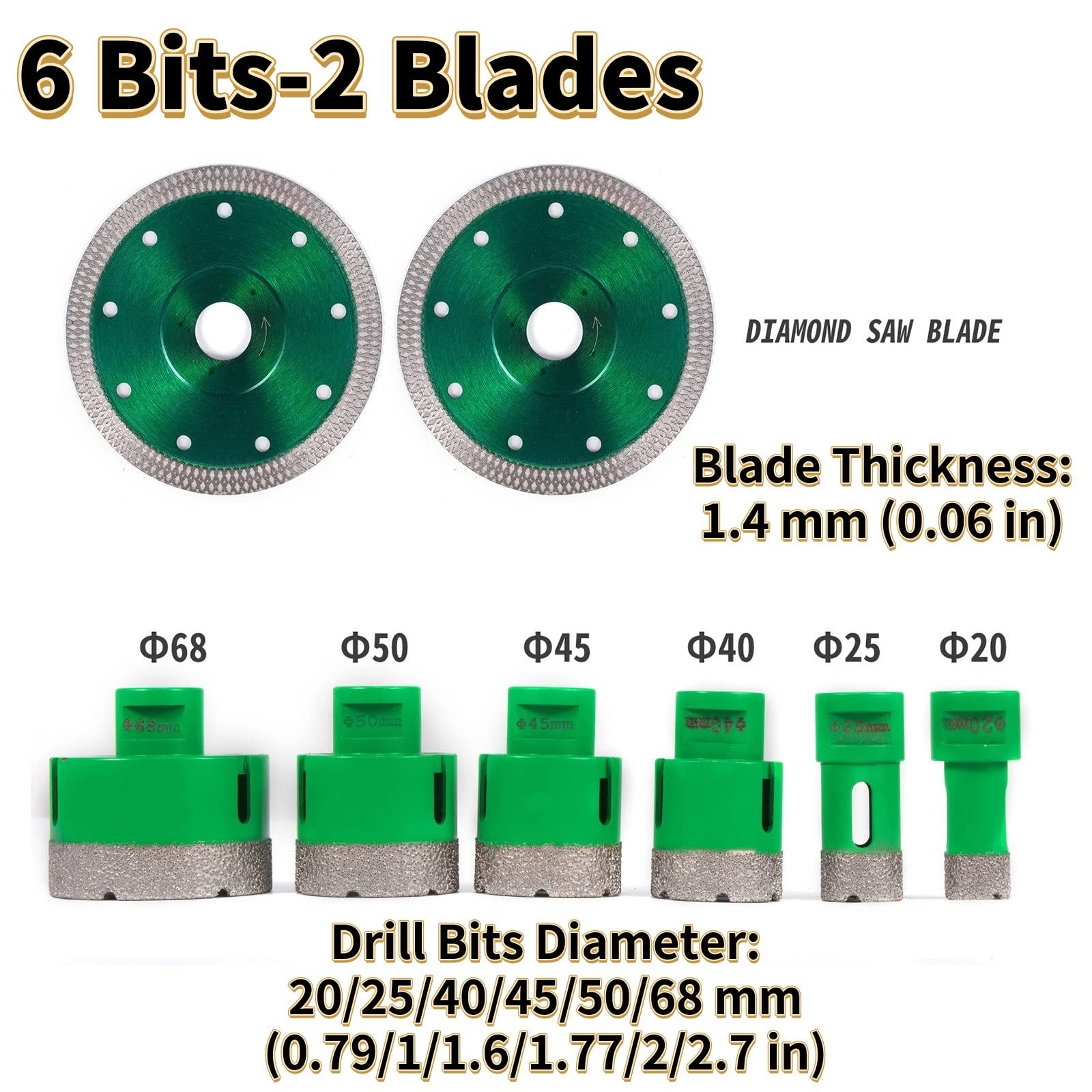 Broca de núcleo de perforación de diamante, juego de brocas de sierra de agujero de azulejo de cerámica con rosca M14 con estuche for taladrar en porcelana de mármol de granito(6 Bits-2 Blades)