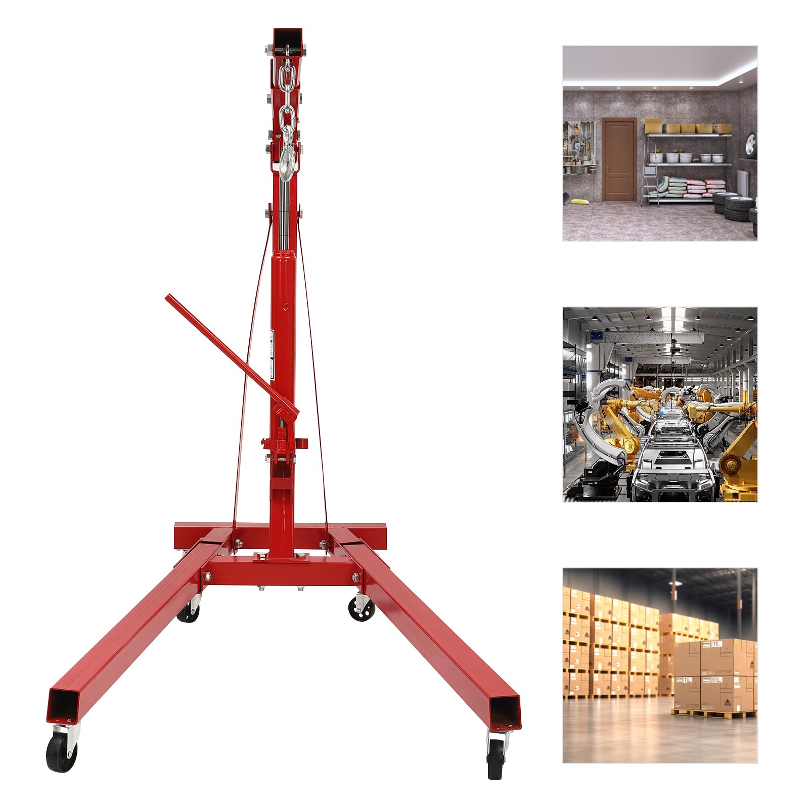 Grúa de elevación de motor 2T plegable, grúa de taller con ruedas, elevador hidráulico hasta 2,1 m de altura de elevación, elevador de carga de acero para garaje y taller (Rojo)